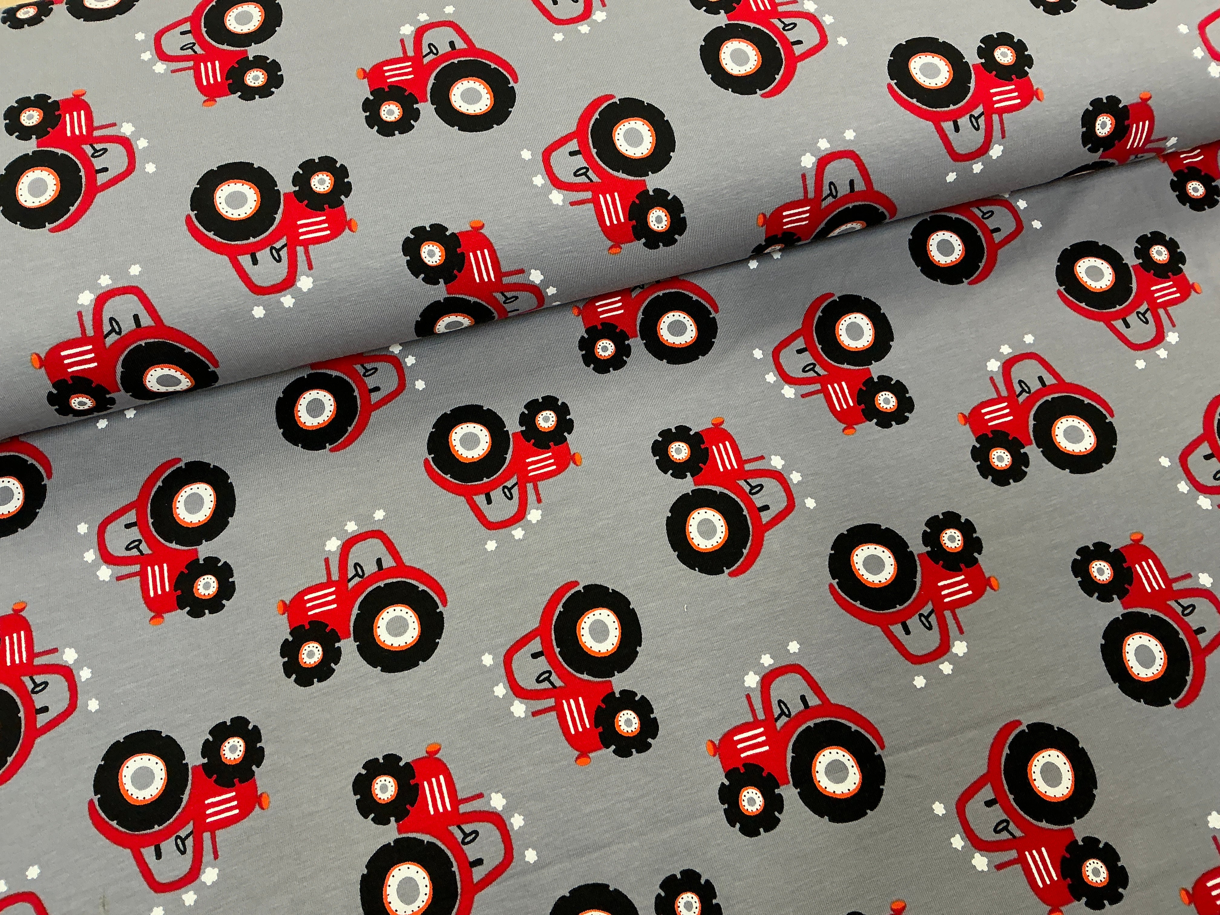 Red Tractors on Grey Cotton Jersey