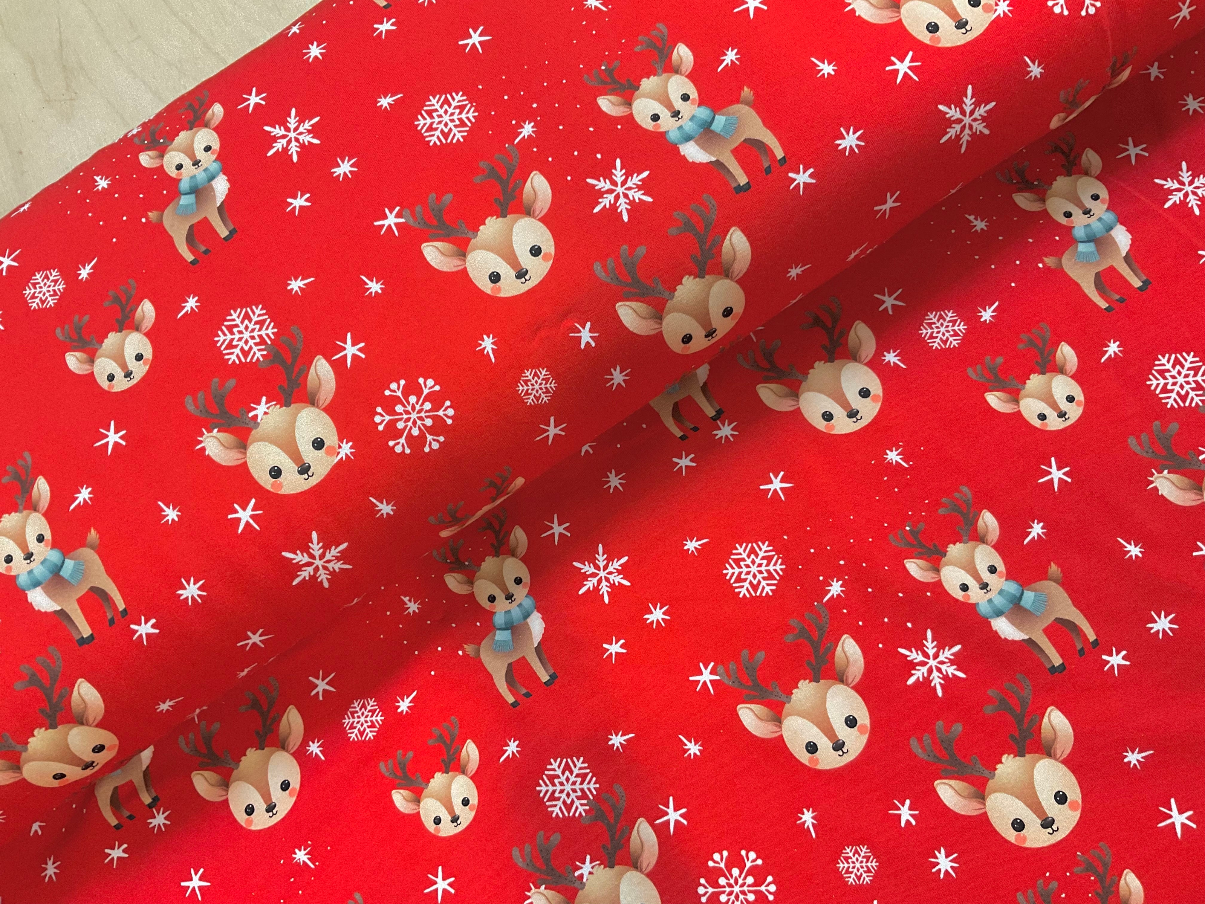 Cute Reindeer Red Cotton Jersey Fabric