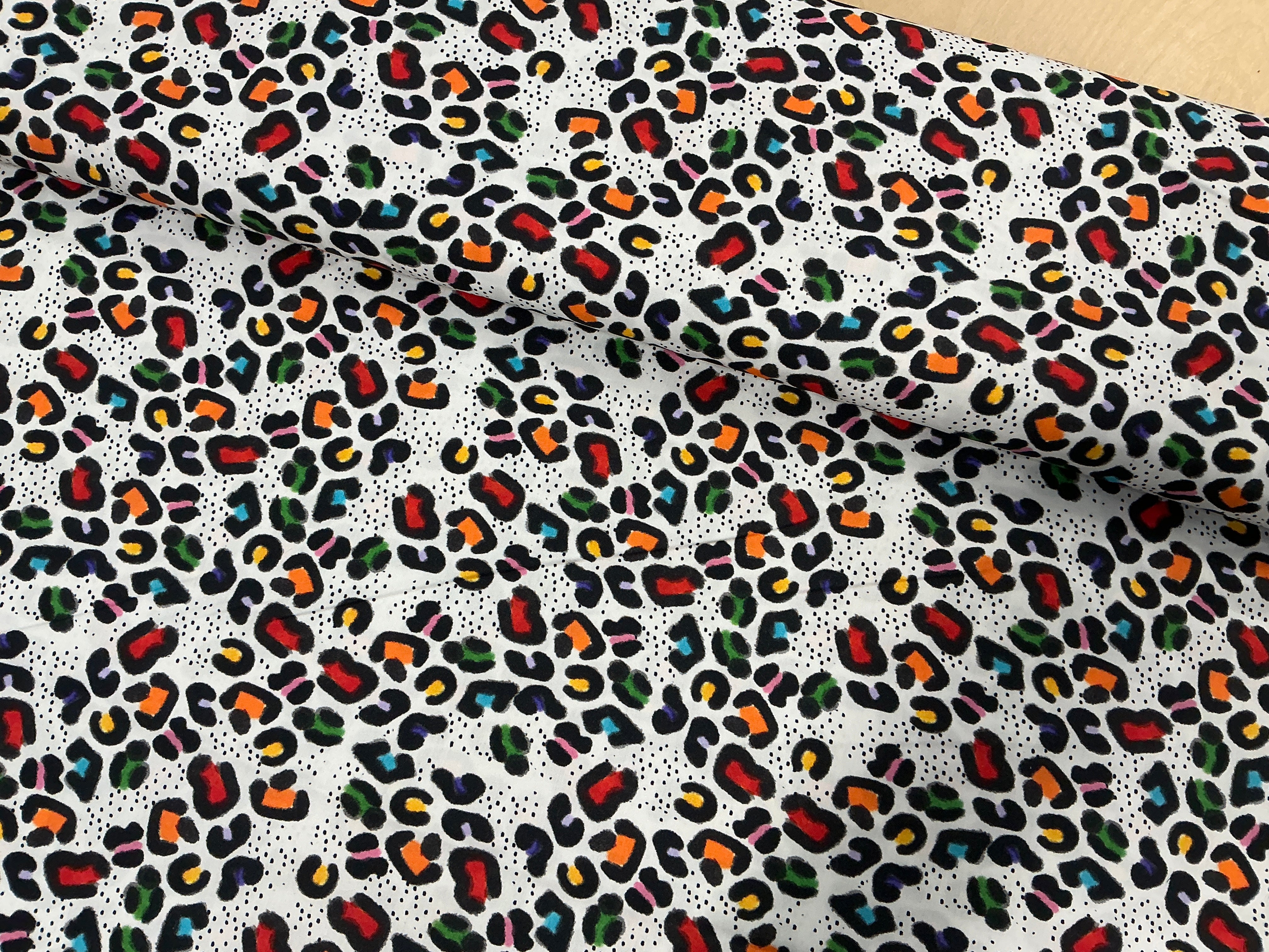 Rainbow Leopard Print on White Cotton Poplin