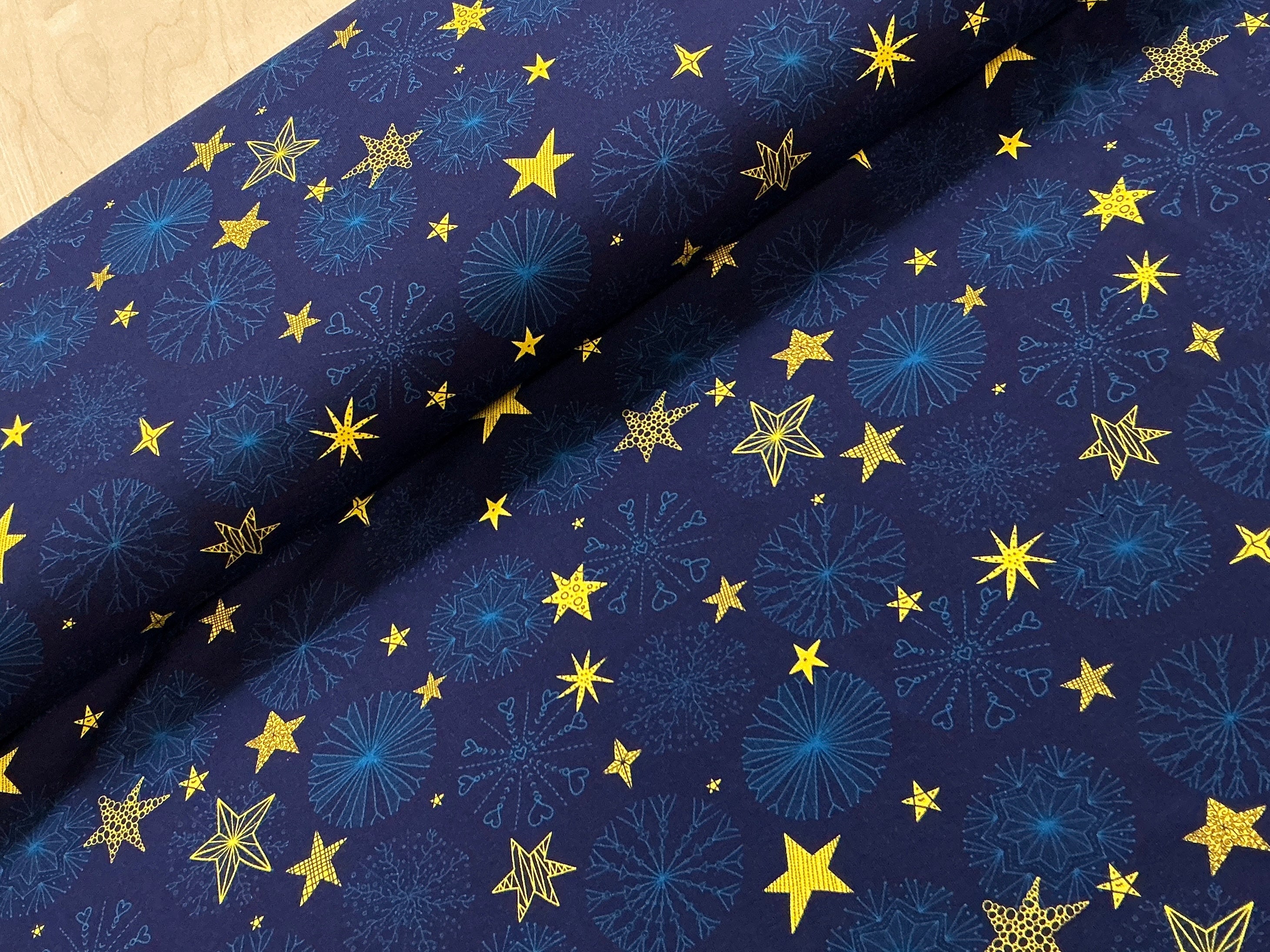 Blue Snowflake and Stars Cotton Jersey