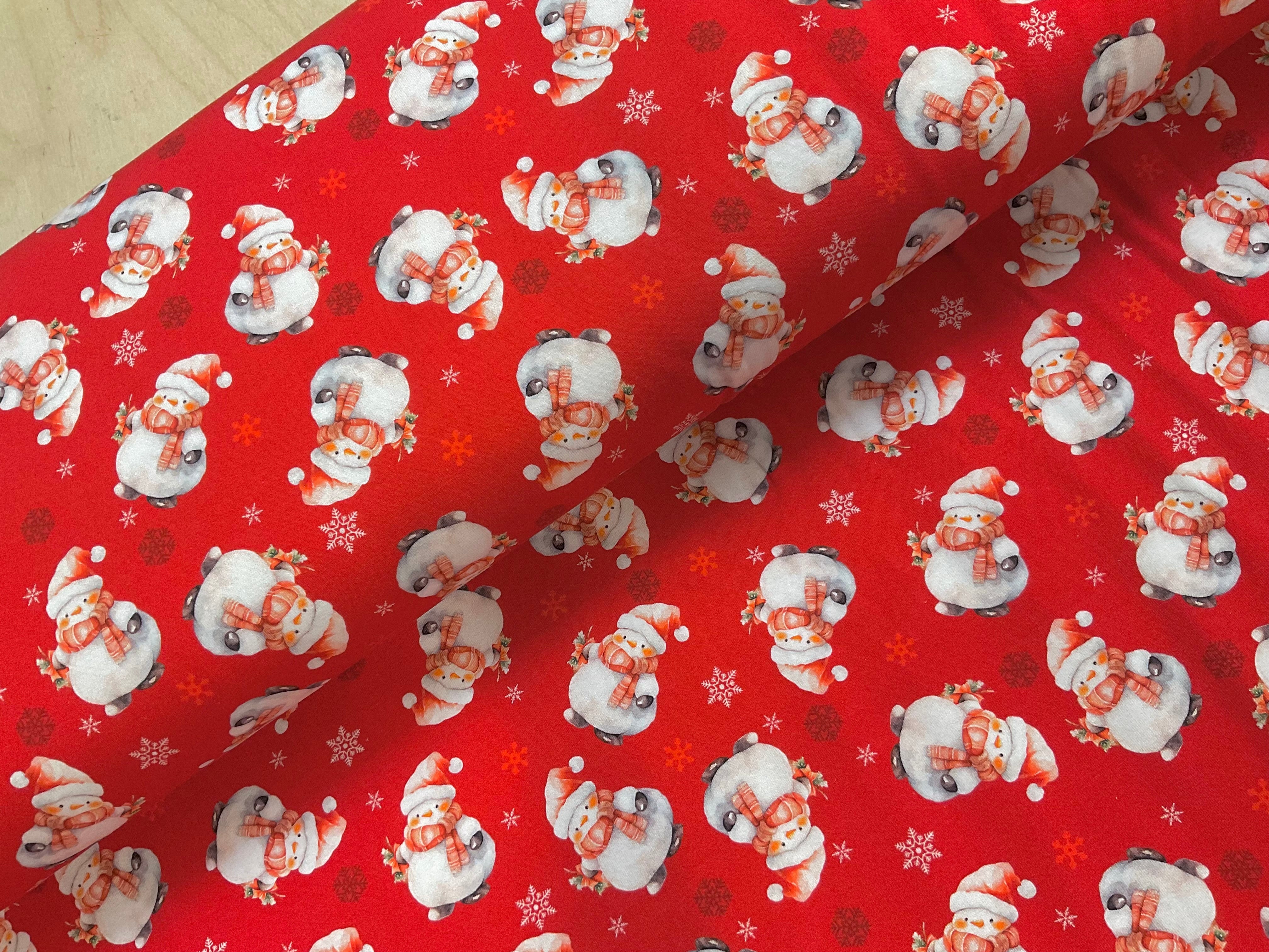 Snowmen on Red Cotton Jersey Fabric