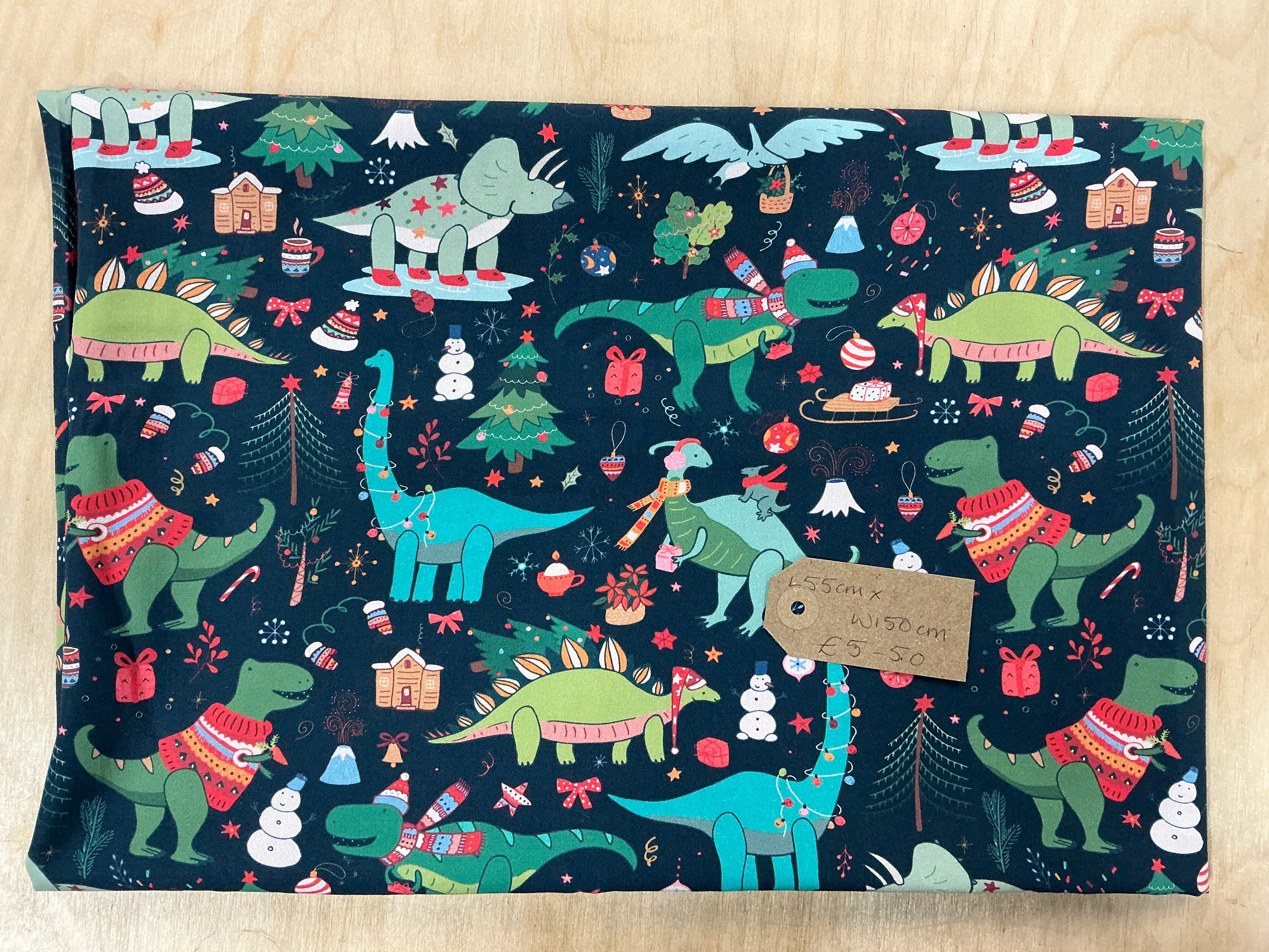 REMNANT  - L55cm x W150cm Christmas Dinosaurs on Navy Poplin