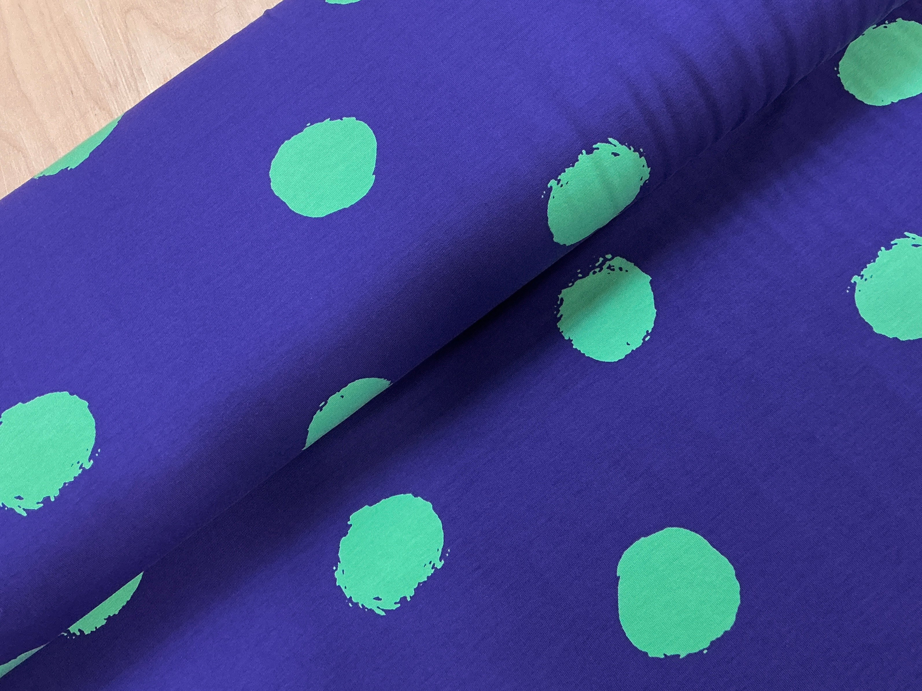 Mint on Royal Splodges Cotton Jersey Fabric