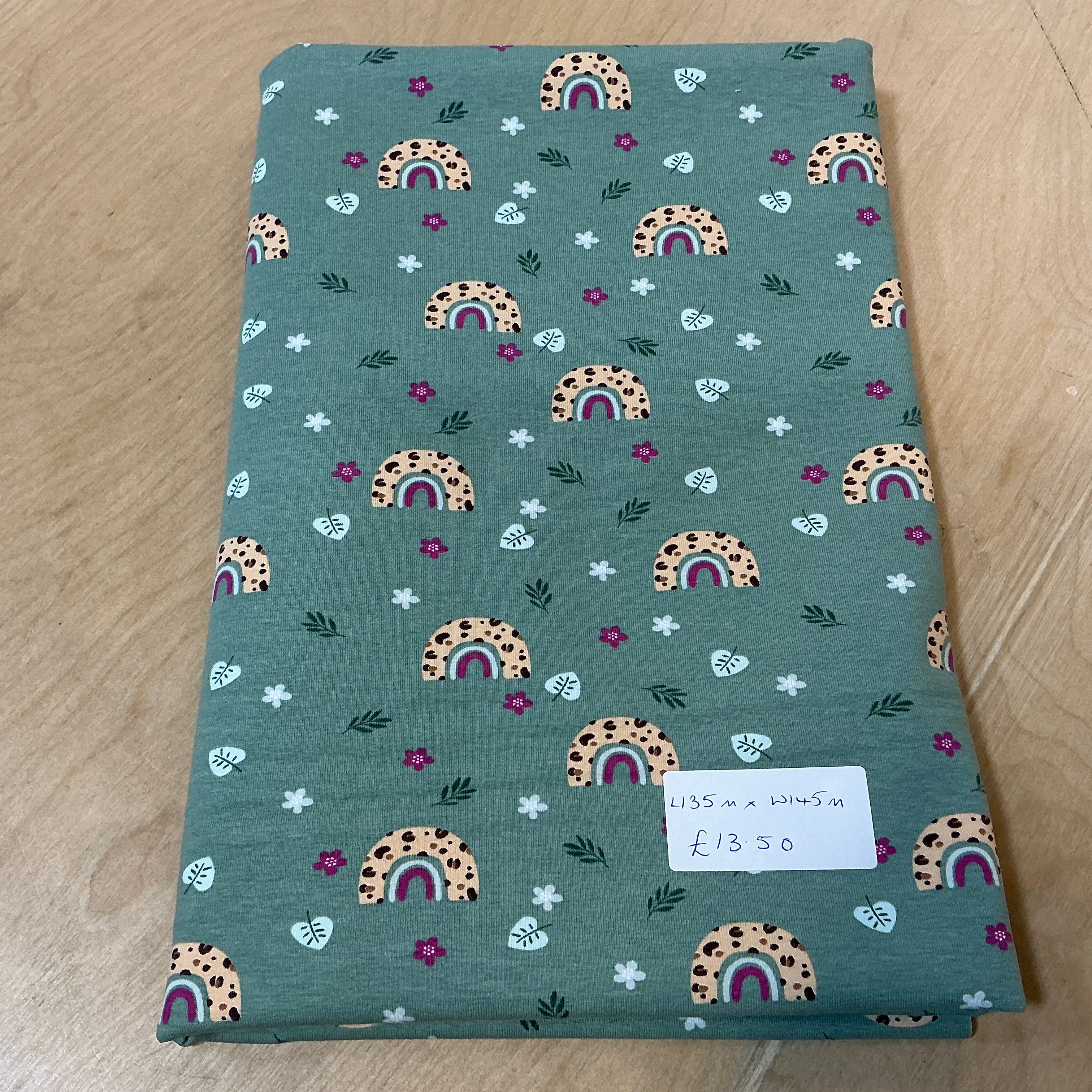 BOLT END - L135cm x W145cm Rainbows Dusty Green Cotton Jersey