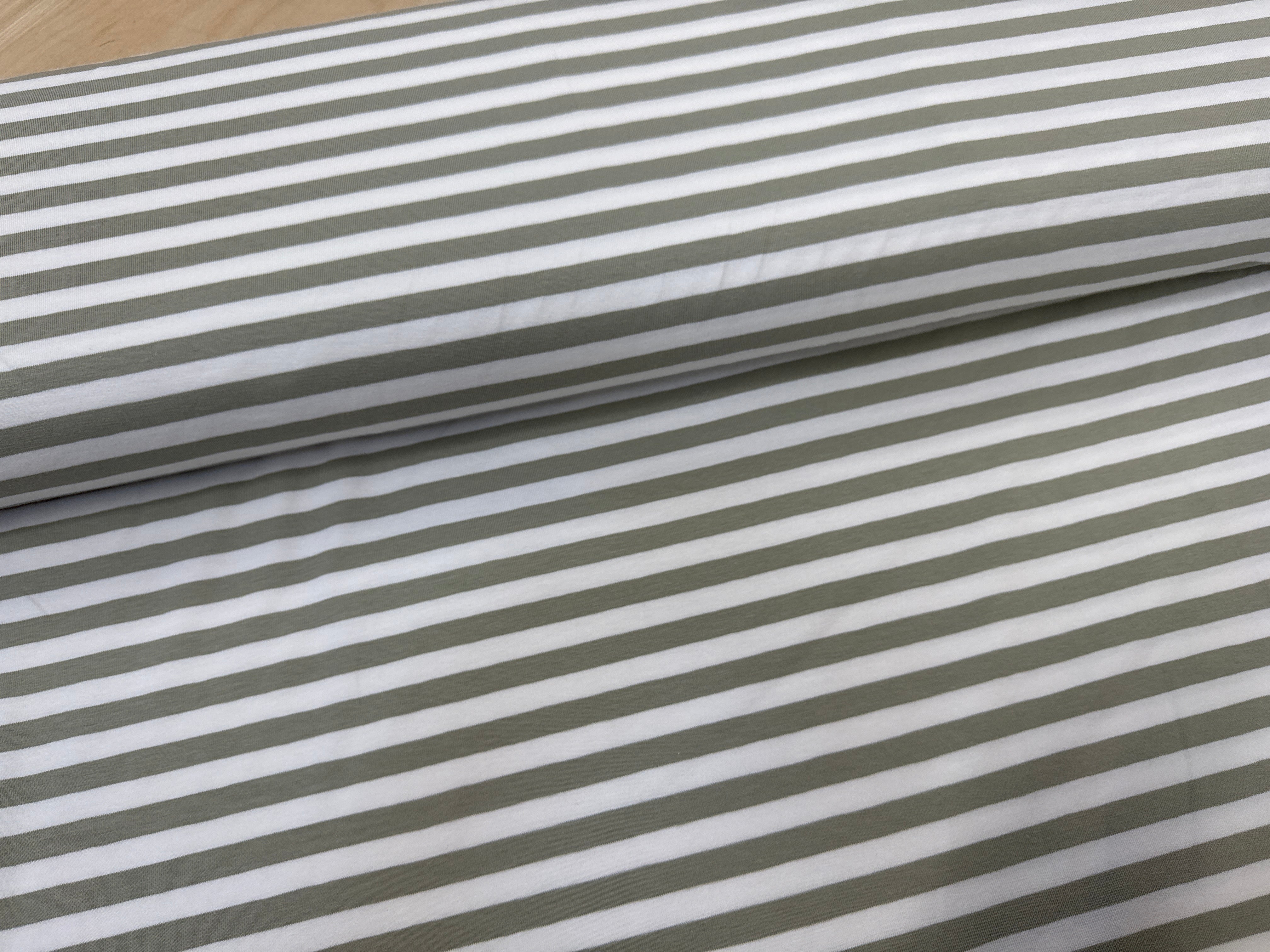 Earth Khaki and White Yarn Dyed 1cm stripes Cotton Jersey