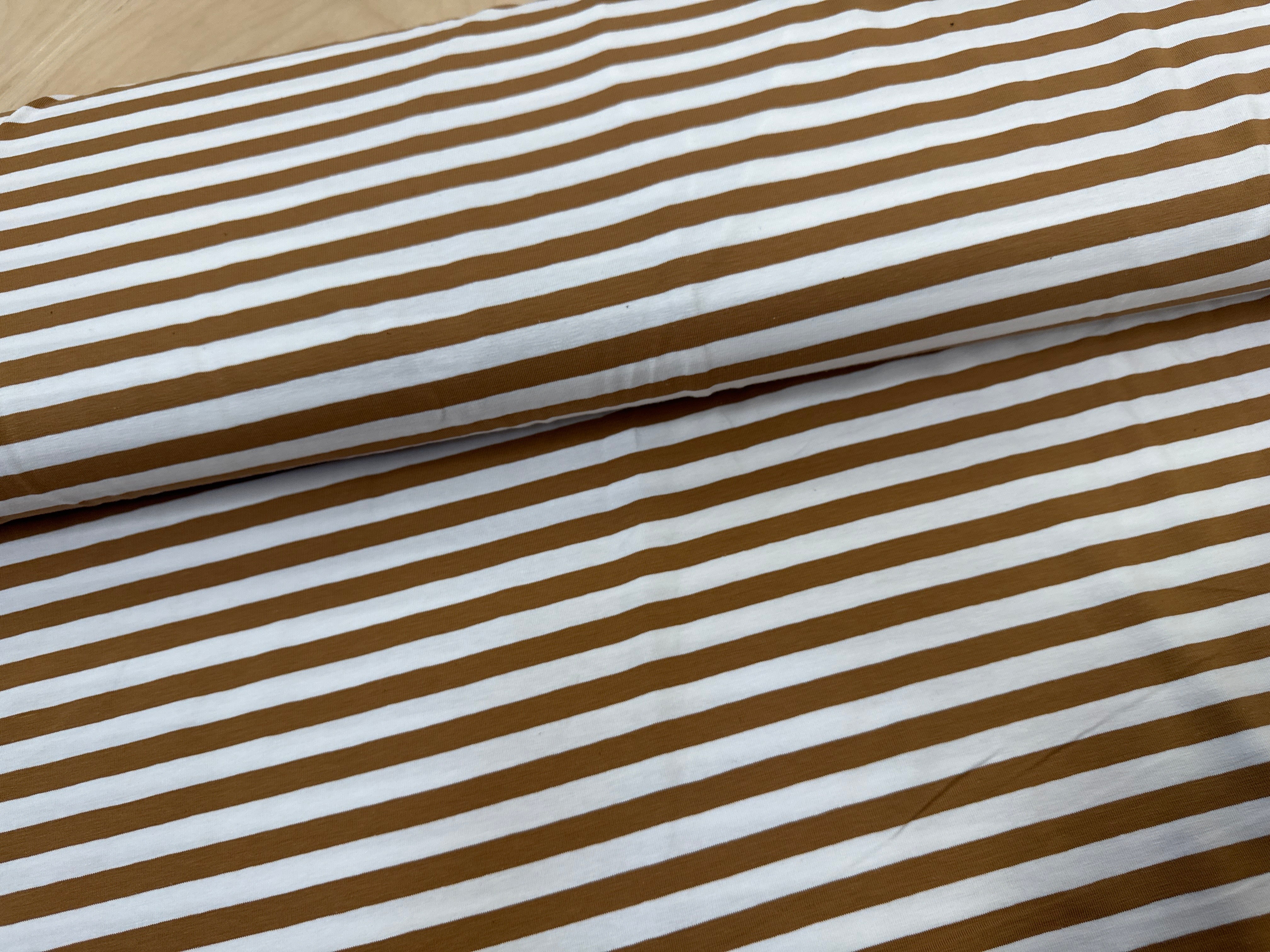Caramel and White Yarn Dyed 1cm stripes Cotton Jersey