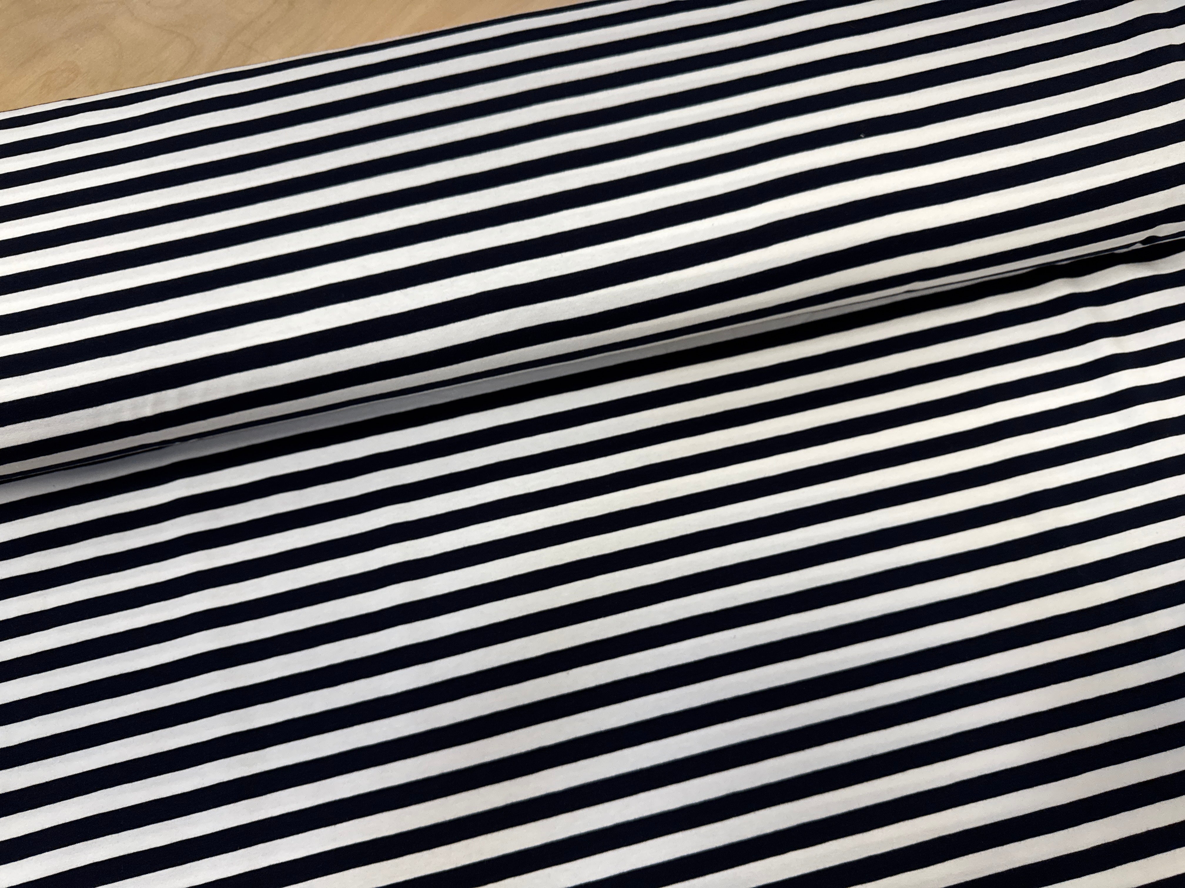 Navy and White Yarn Dyed 1cm stripes Cotton Jersey