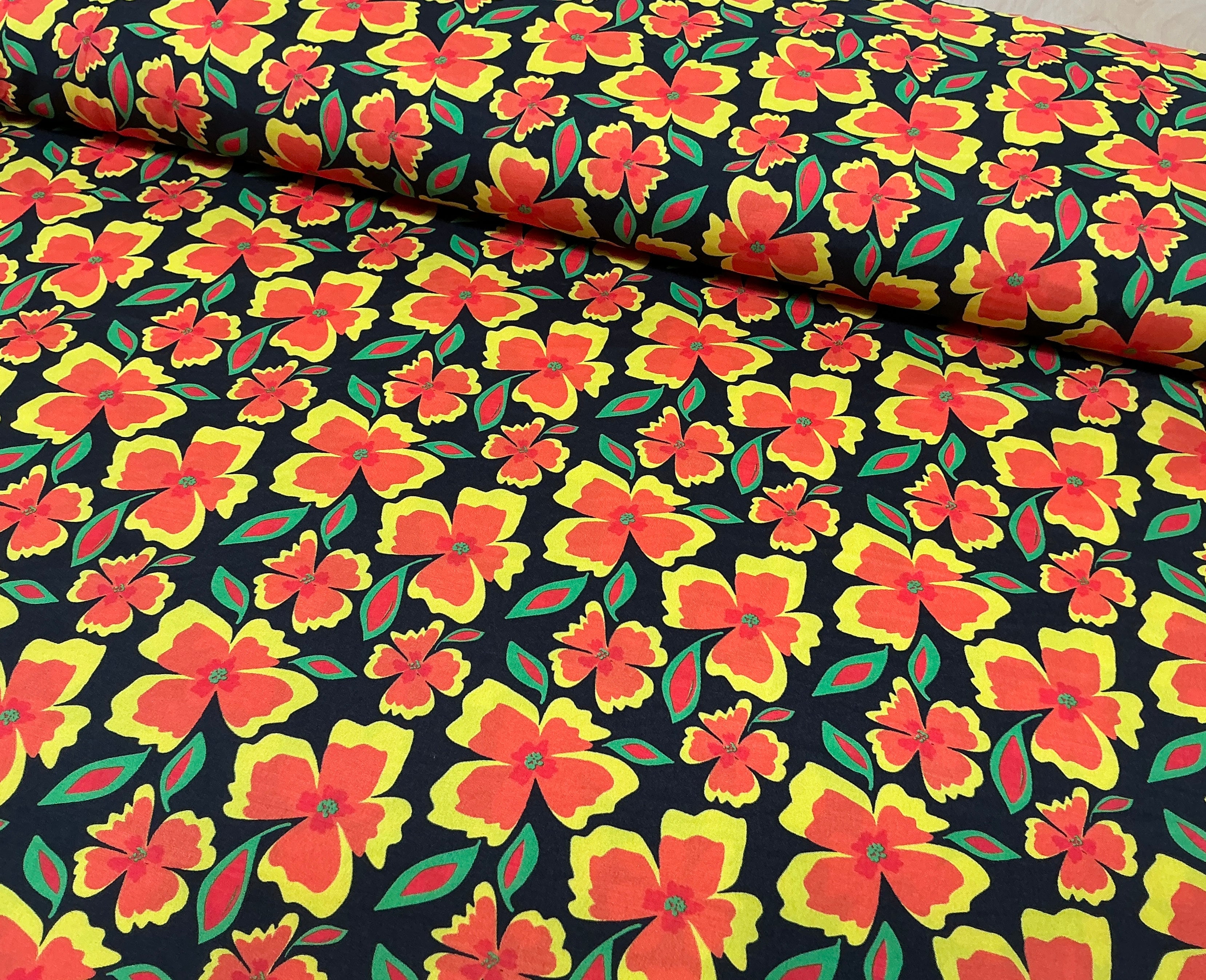 Orange and Yellow Flowers on Black - Poly Crêpe