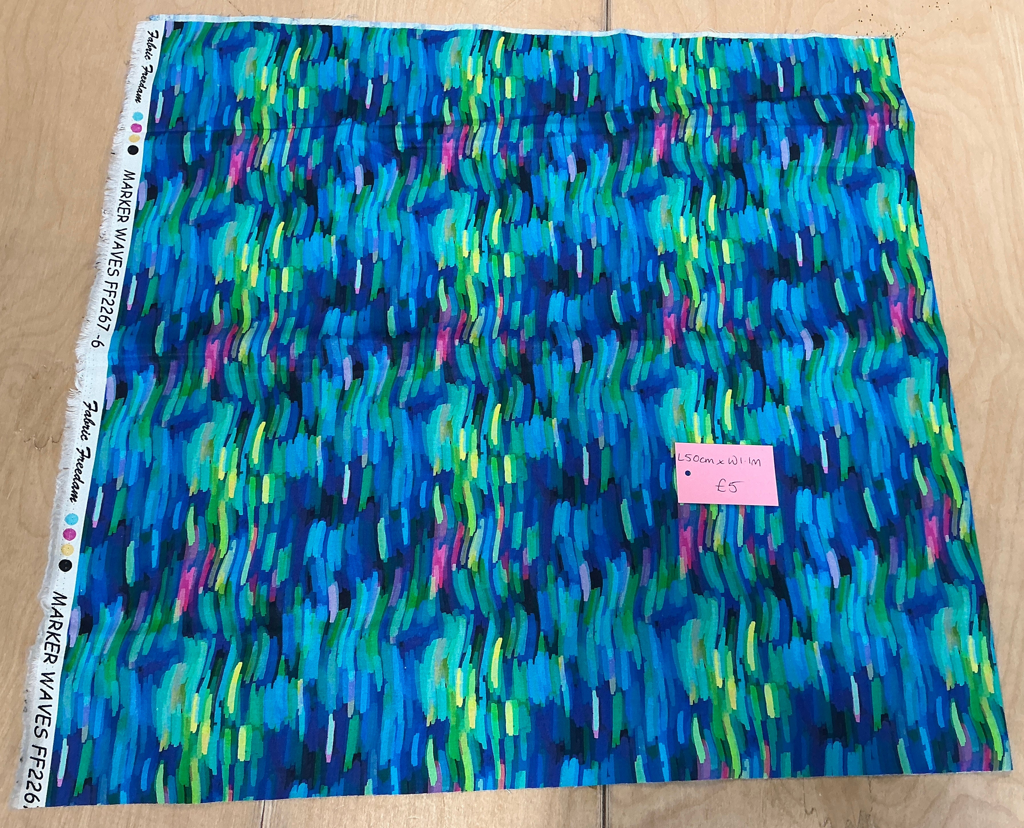 REMNANT - L50cm x W1.1M Marker Waves Blue Cotton Poplin