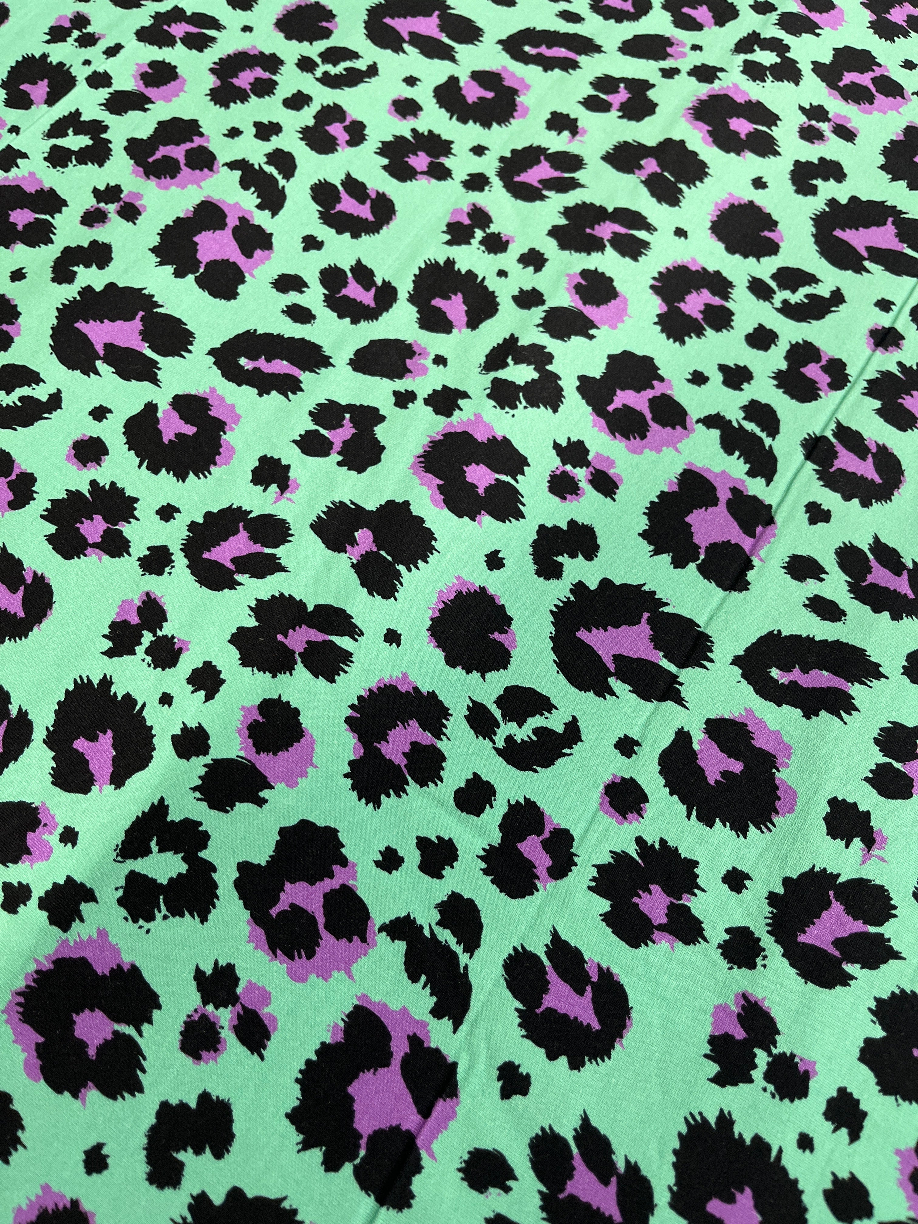 BOLT END - 1.75m x 1.5m Mint/Violet Leopard Pop Brushed Back French Terry