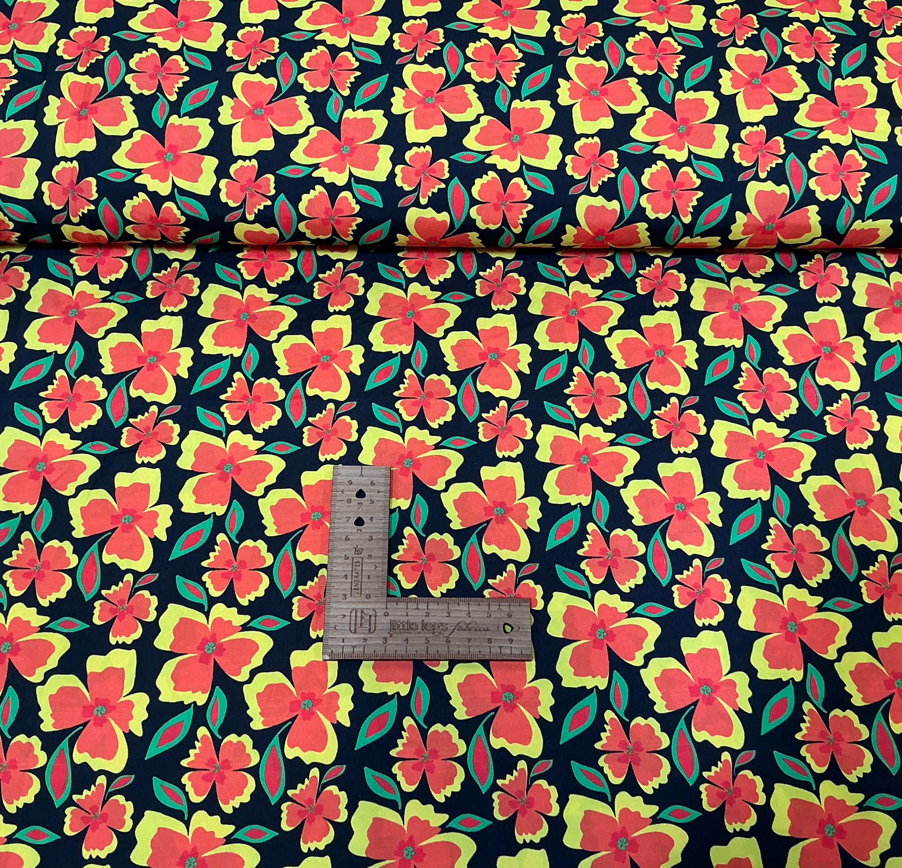 Orange and Yellow Flowers on Black - Poly Crêpe