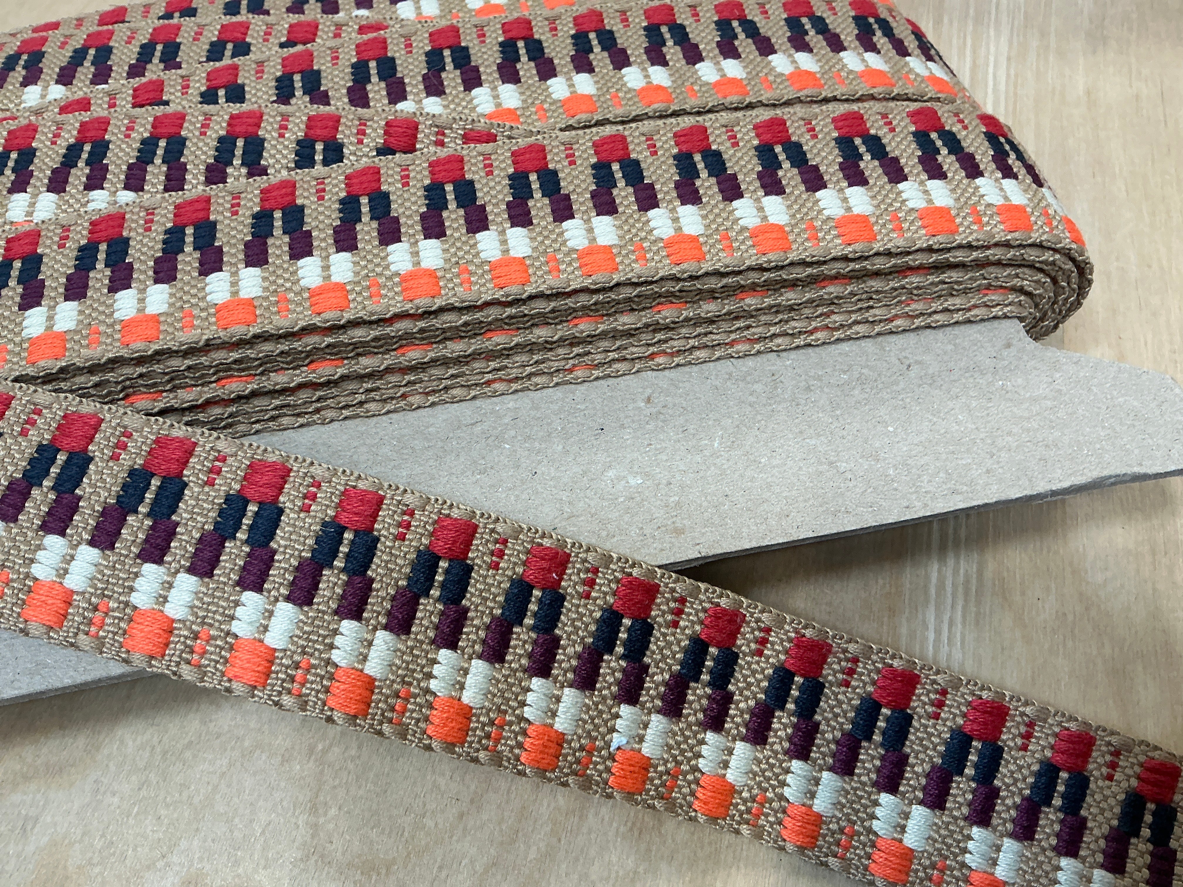 38mm Stone Orange Navy Zig Zag Webbing Tape