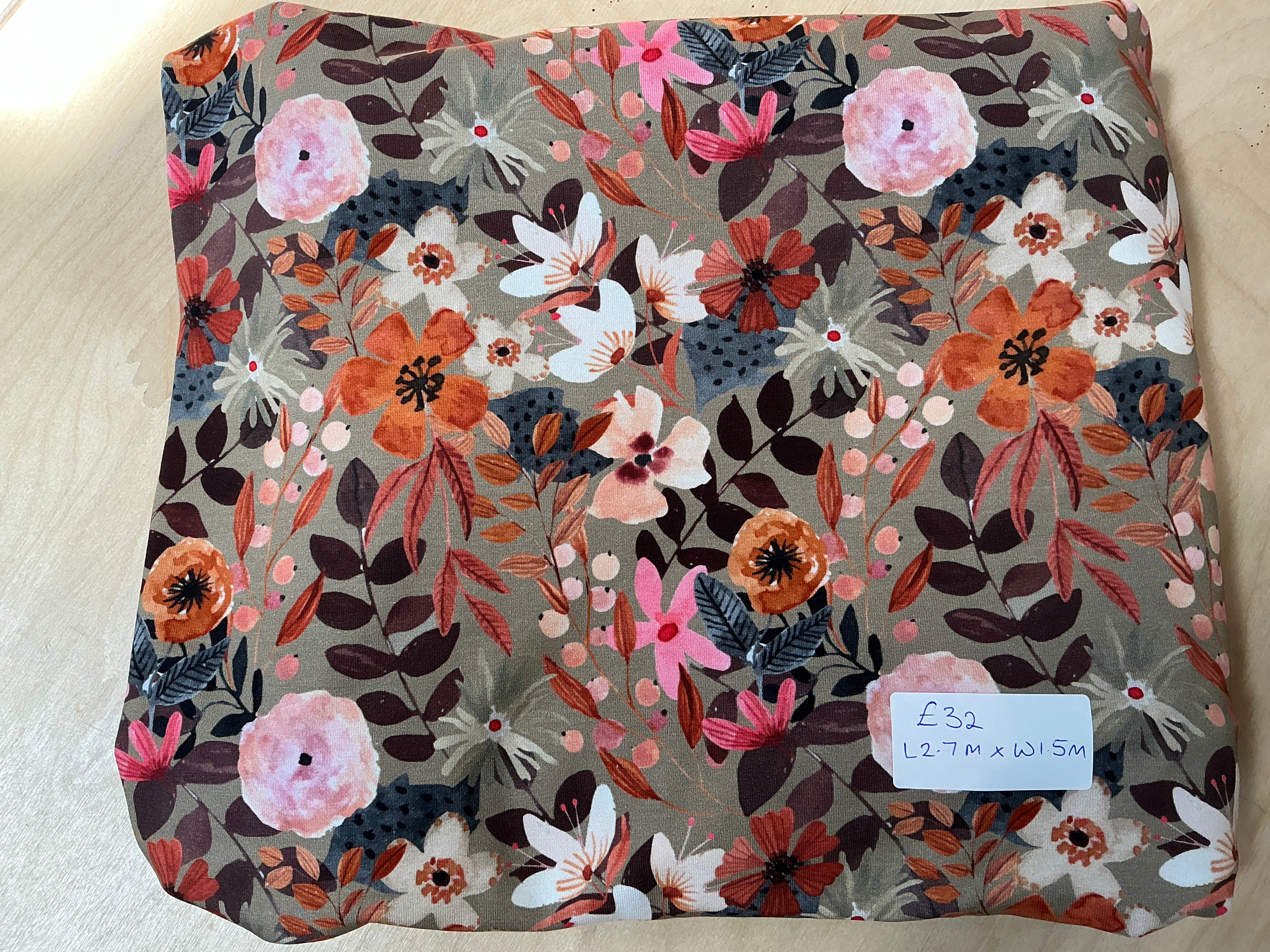 REMNANT L65cm x W1.5M Autumn Taupe Floral Cotton Jersey