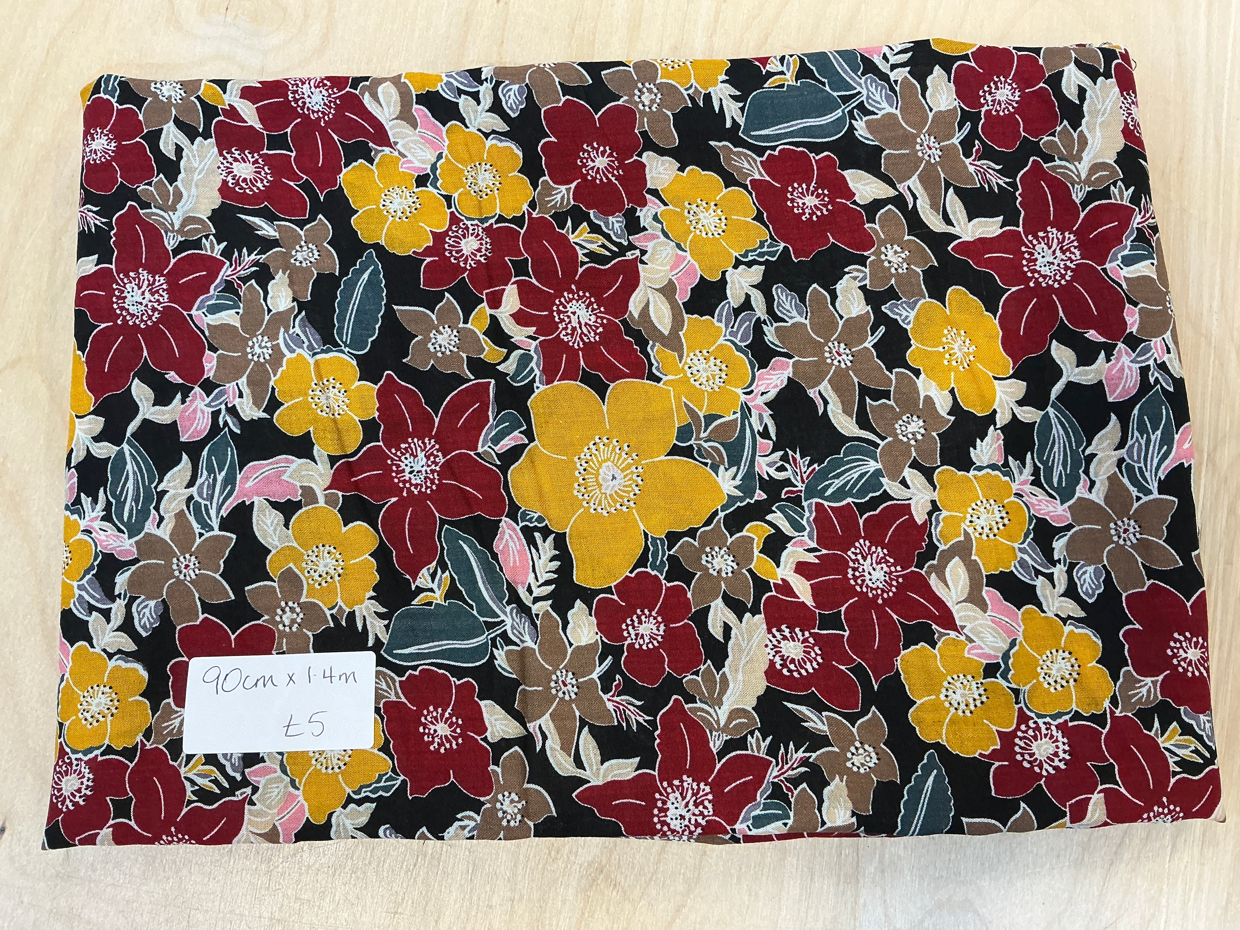 REMNANT - L90cm x W1.4m Red and Yellow Flowers on Cotton Viscose