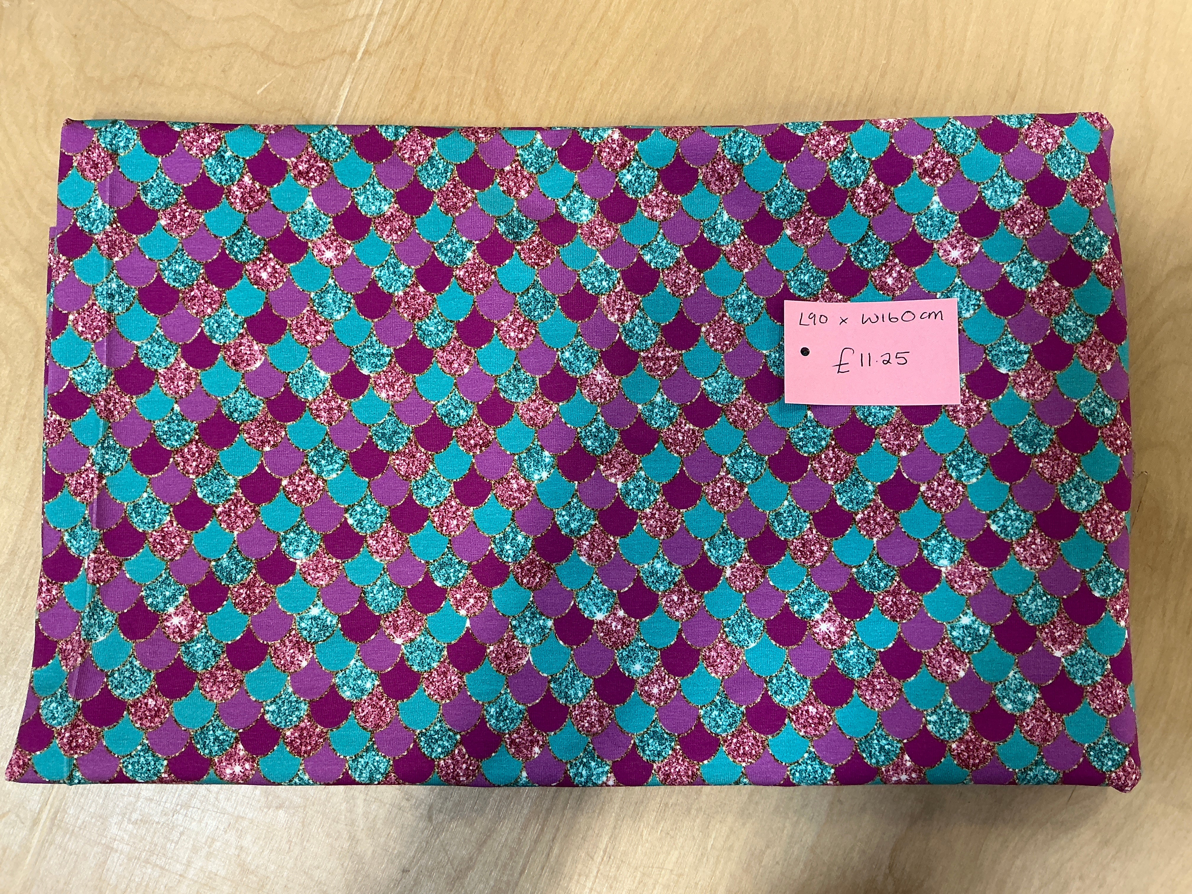 REMNANT - L90cm x W160cm Mermaid Scales Pink and Green Jersey