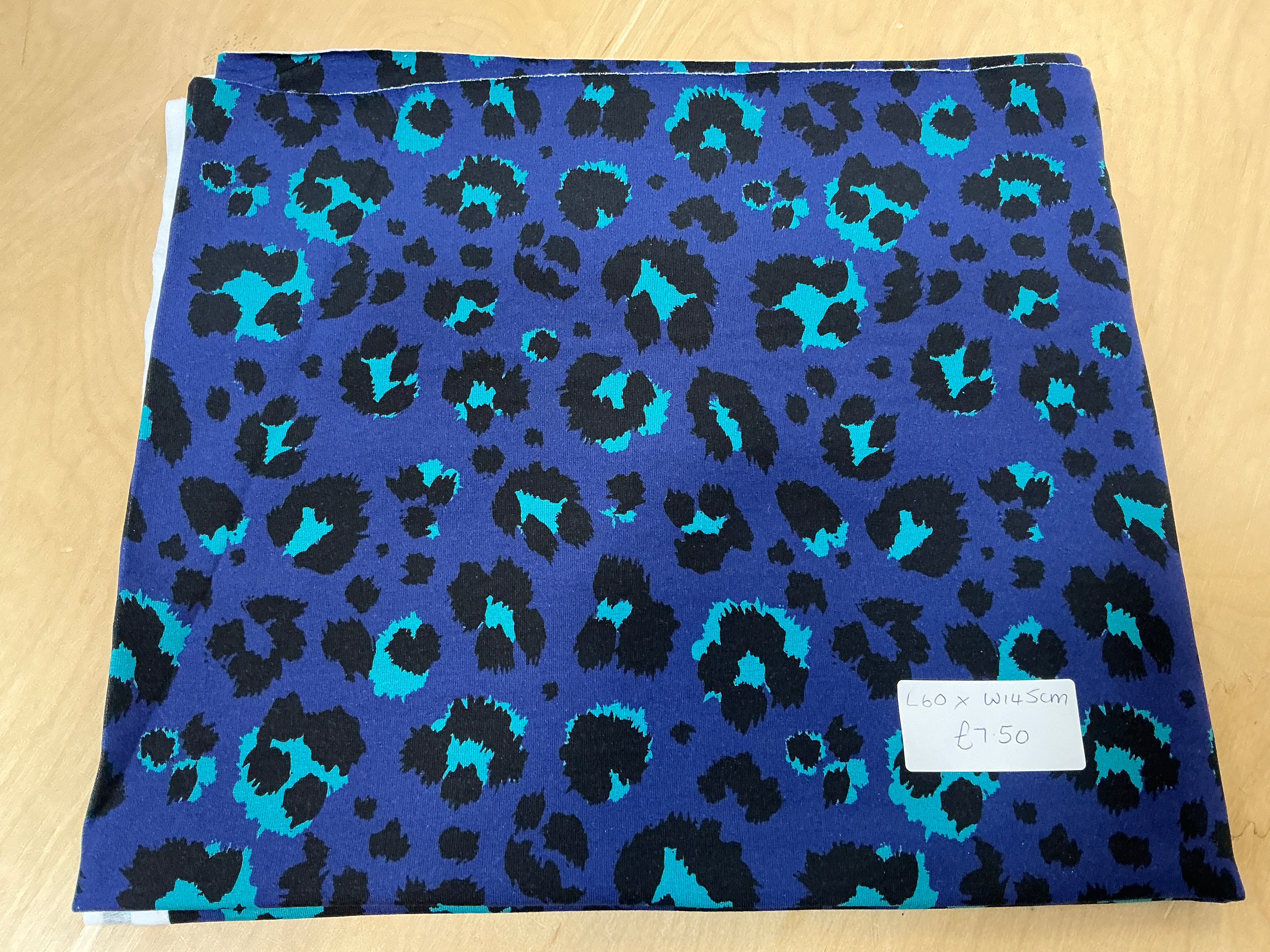 REMNANT  - L60cm x W145cm Leopard Pop Brushed Back French Terry Dark Royal/Tiffany