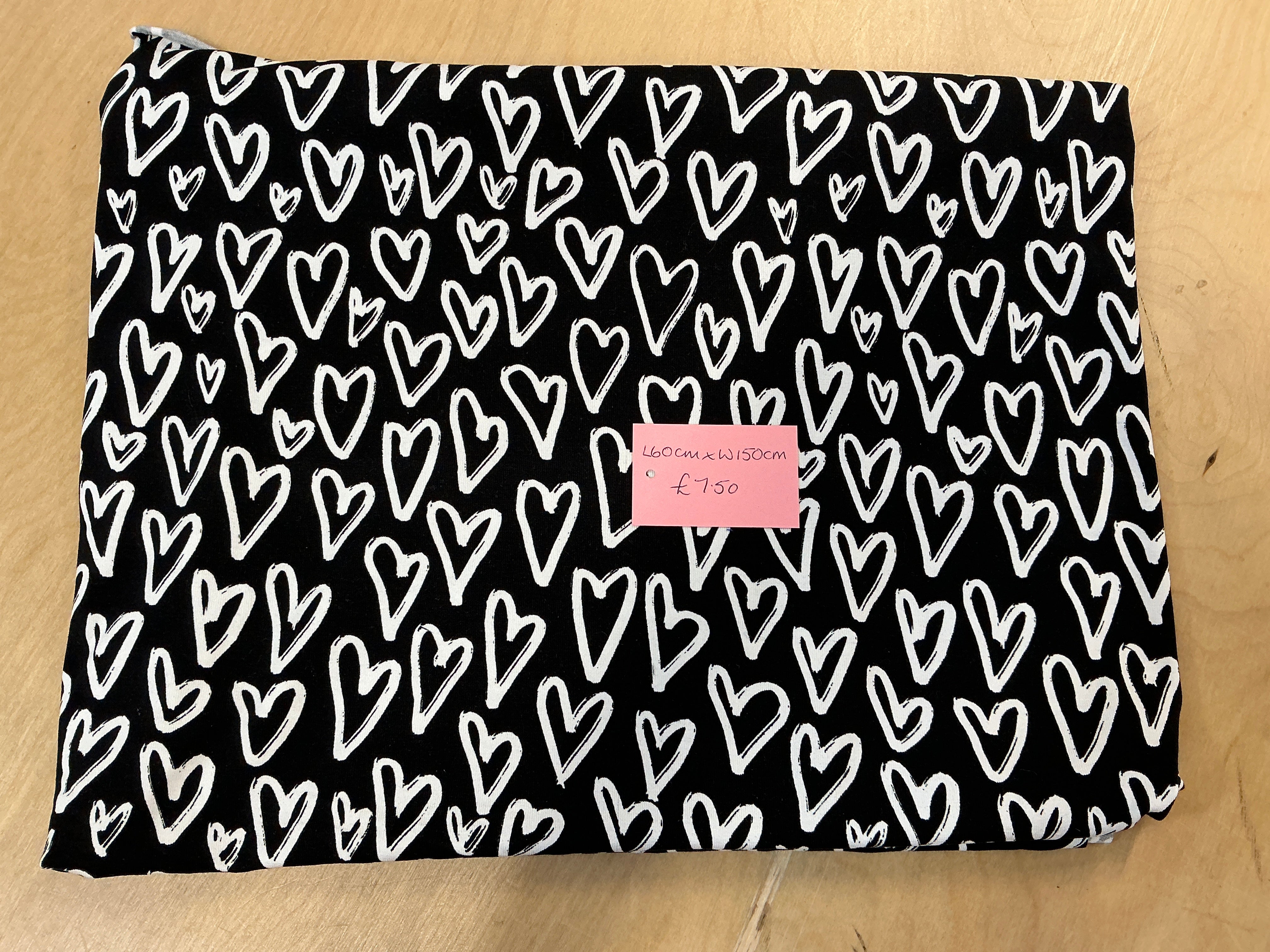 REMNANT  - L60cm x W150cm White Hearts on Black Jersey