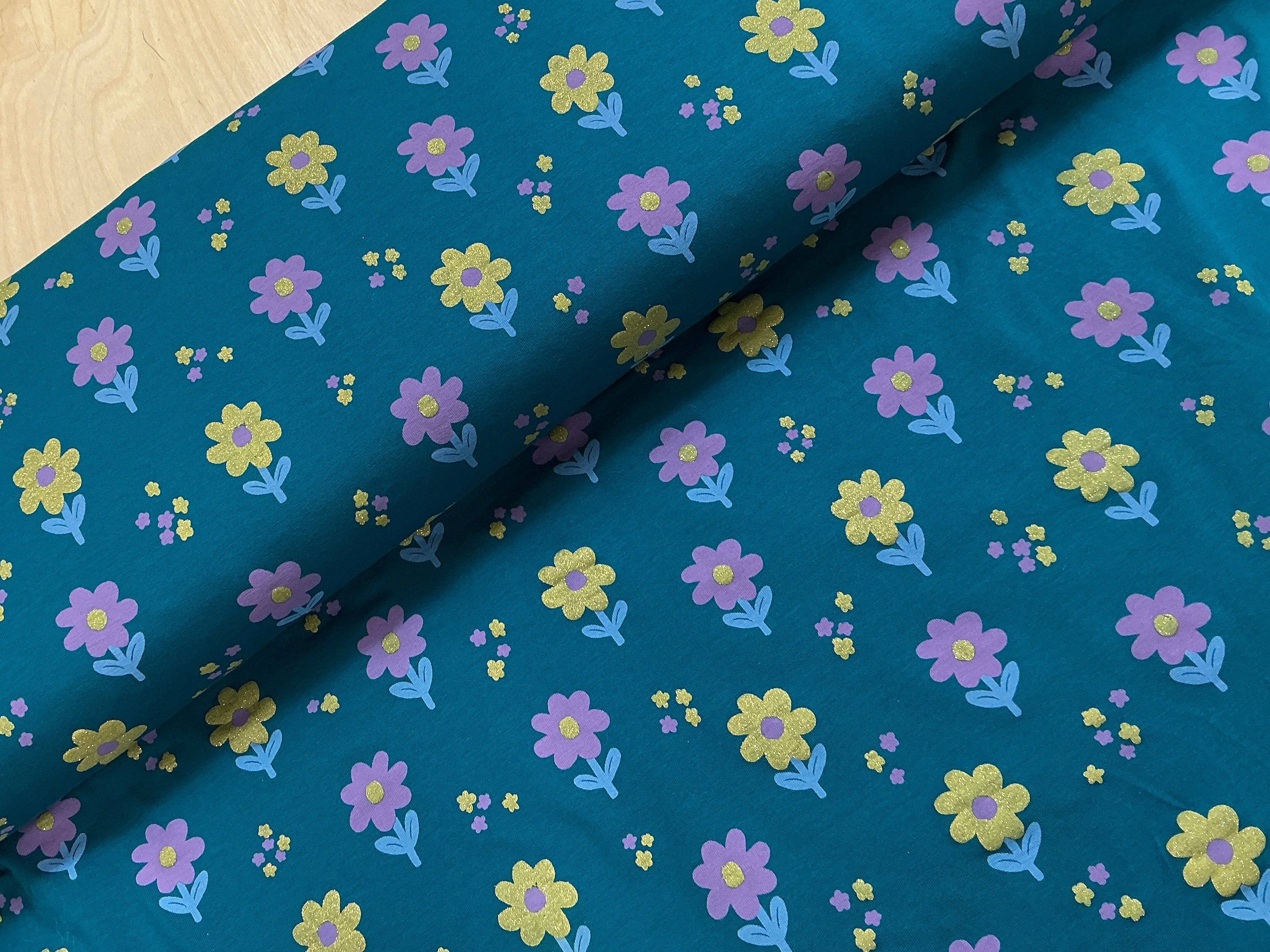 Glitter Flowers Cotton Jersey Fabric