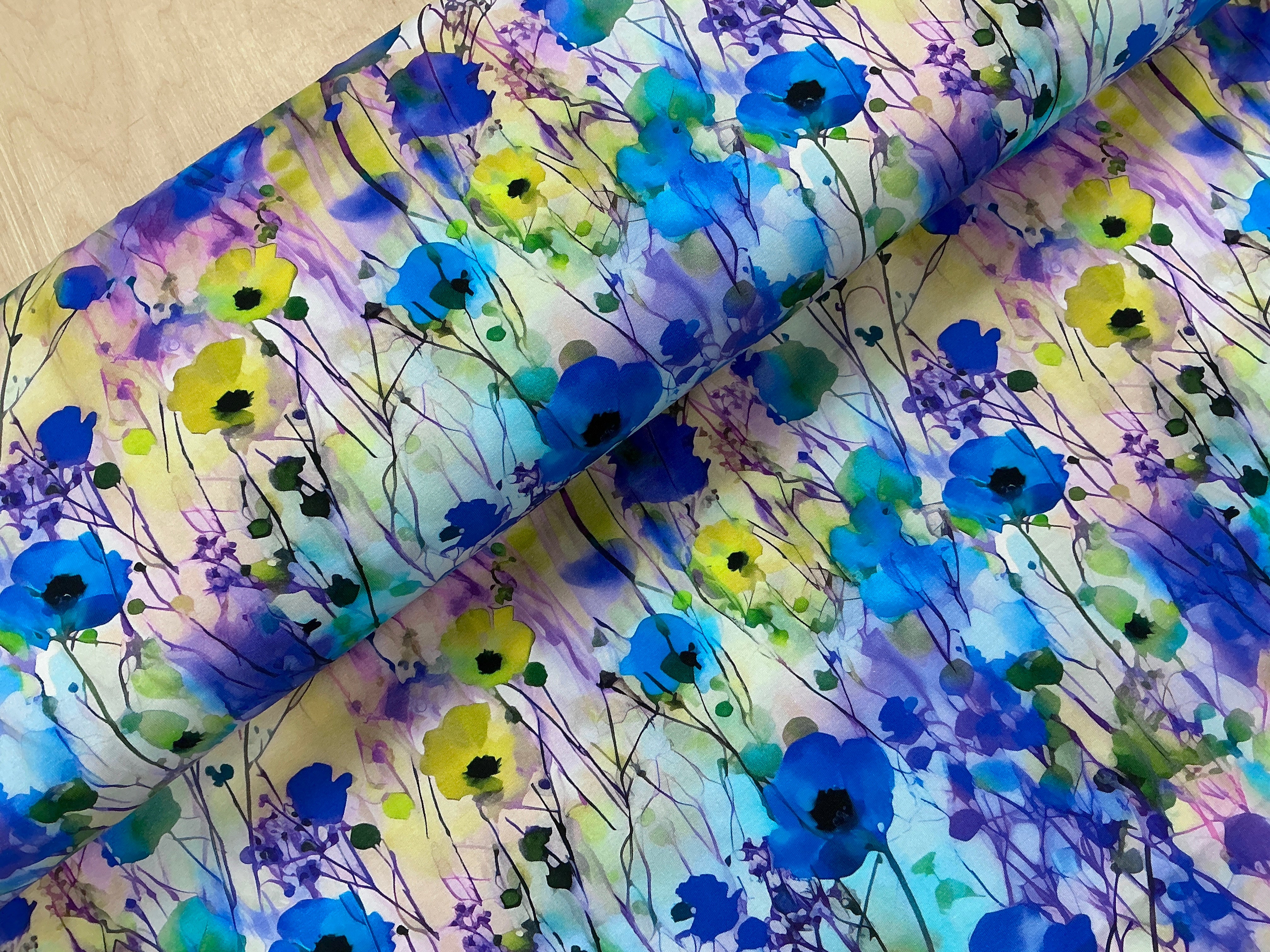 Blue Poppy Field Cotton Jersey Fabric