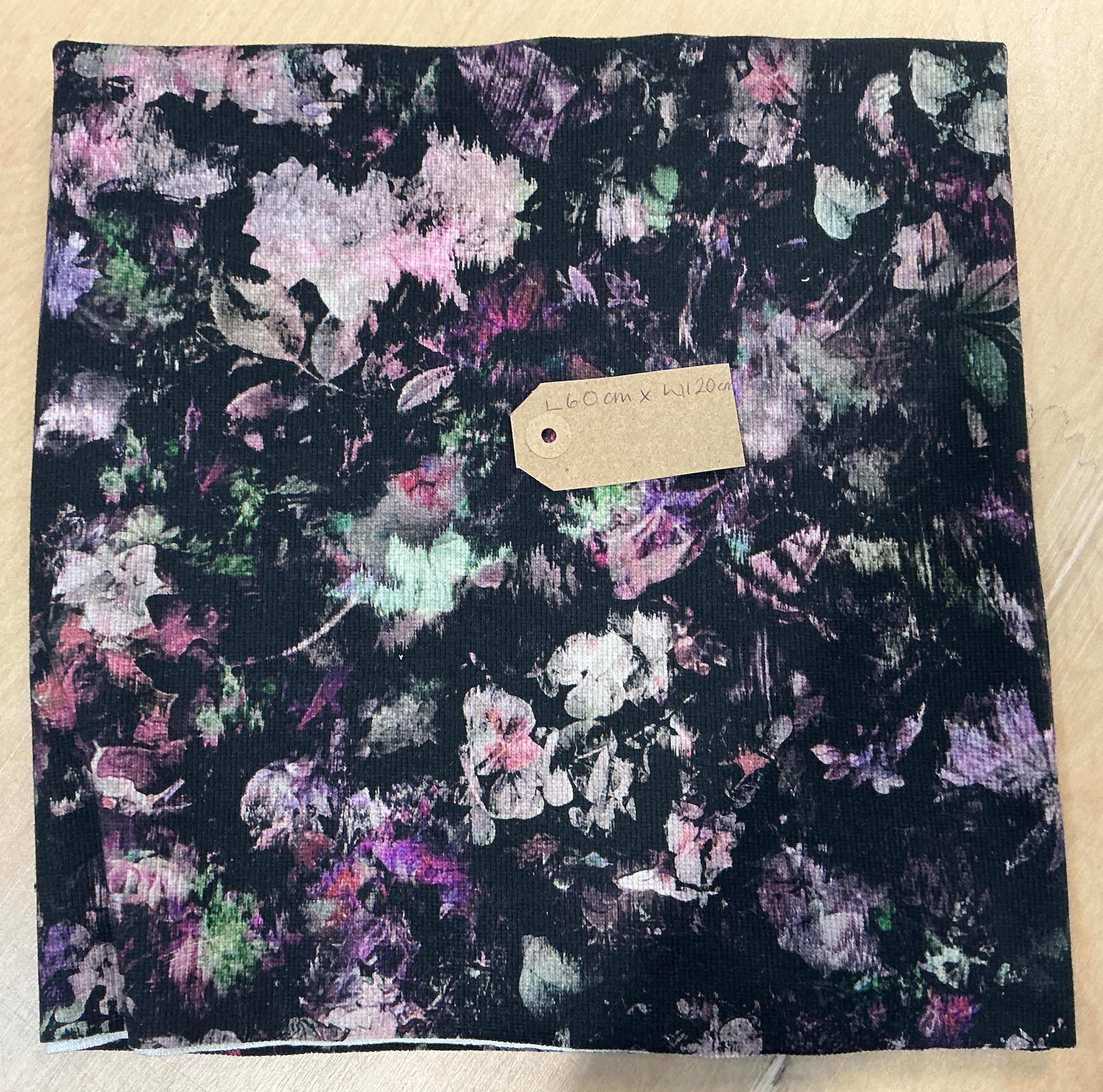 REMNANT  - L60cm x W120cm Flowers on Ribbed Black Jersey