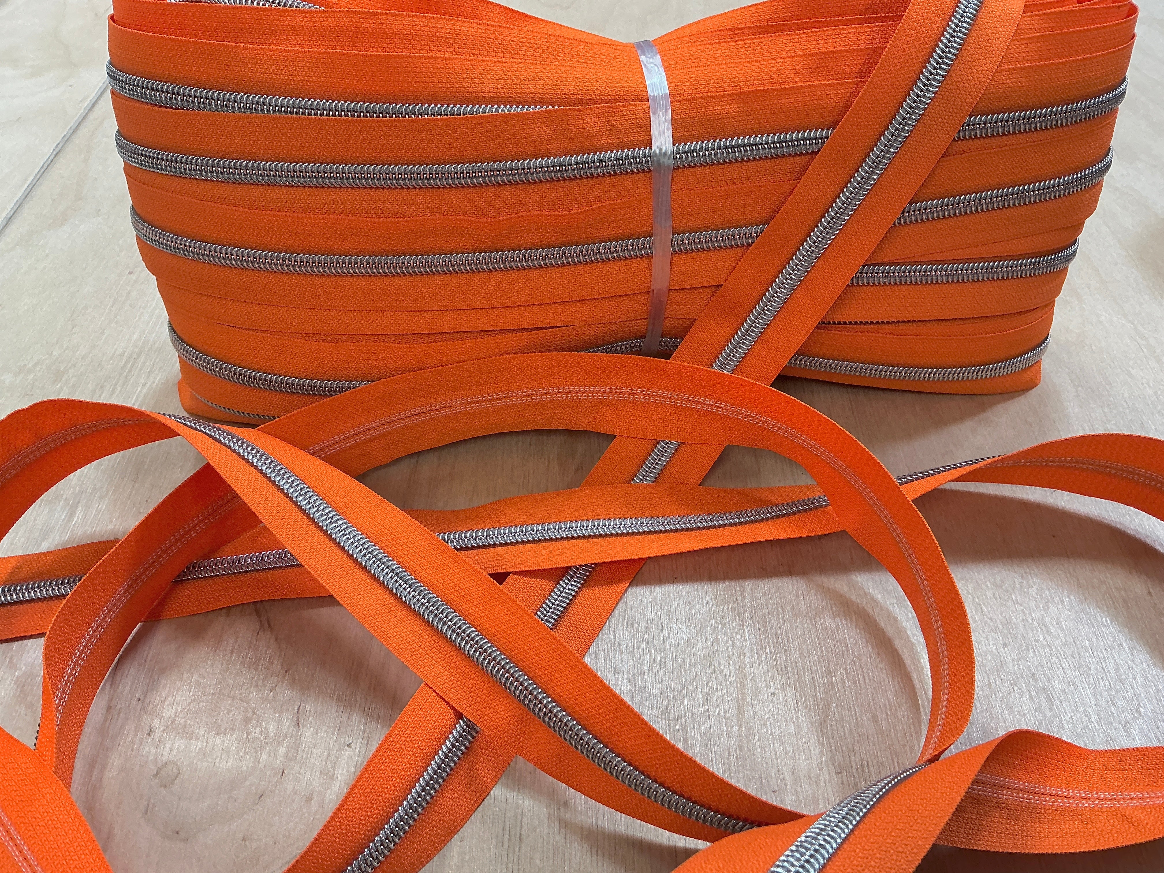 Orange with Silver Teeth Continuous Zipper Tape