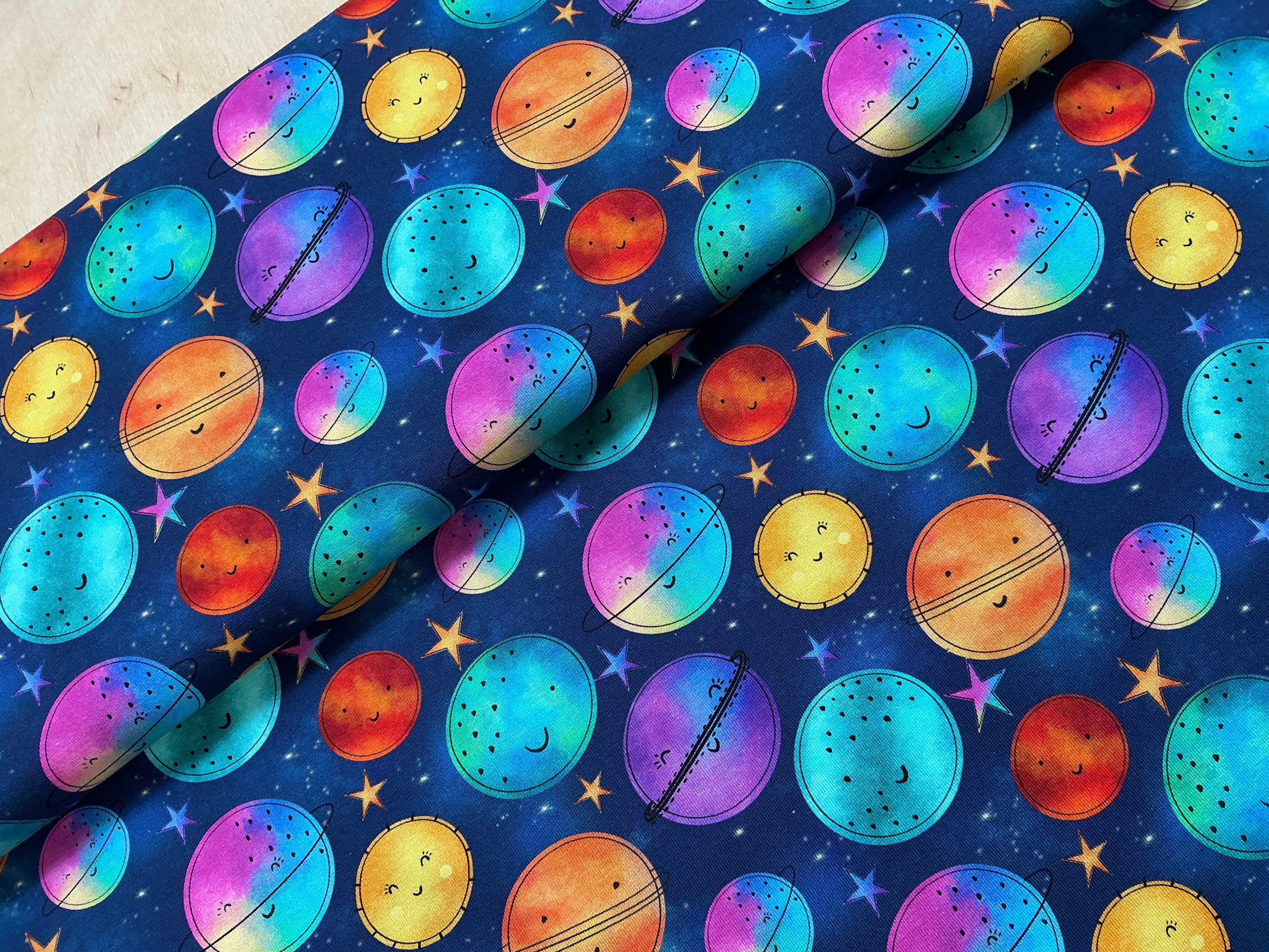 Happy Rainbow Planets Cotton Jersey Fabric