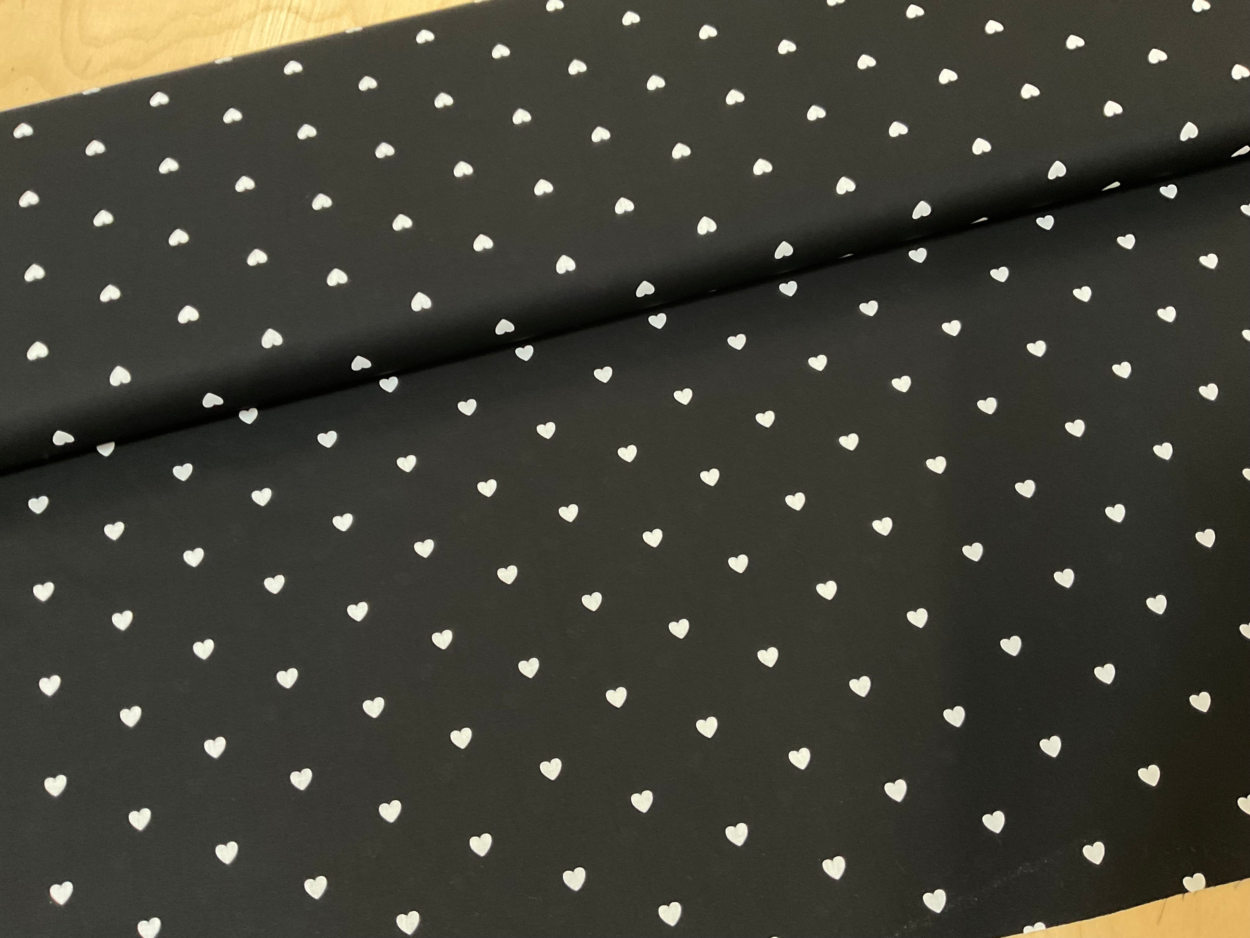 White Hearts on Black Fine Cotton Poplin