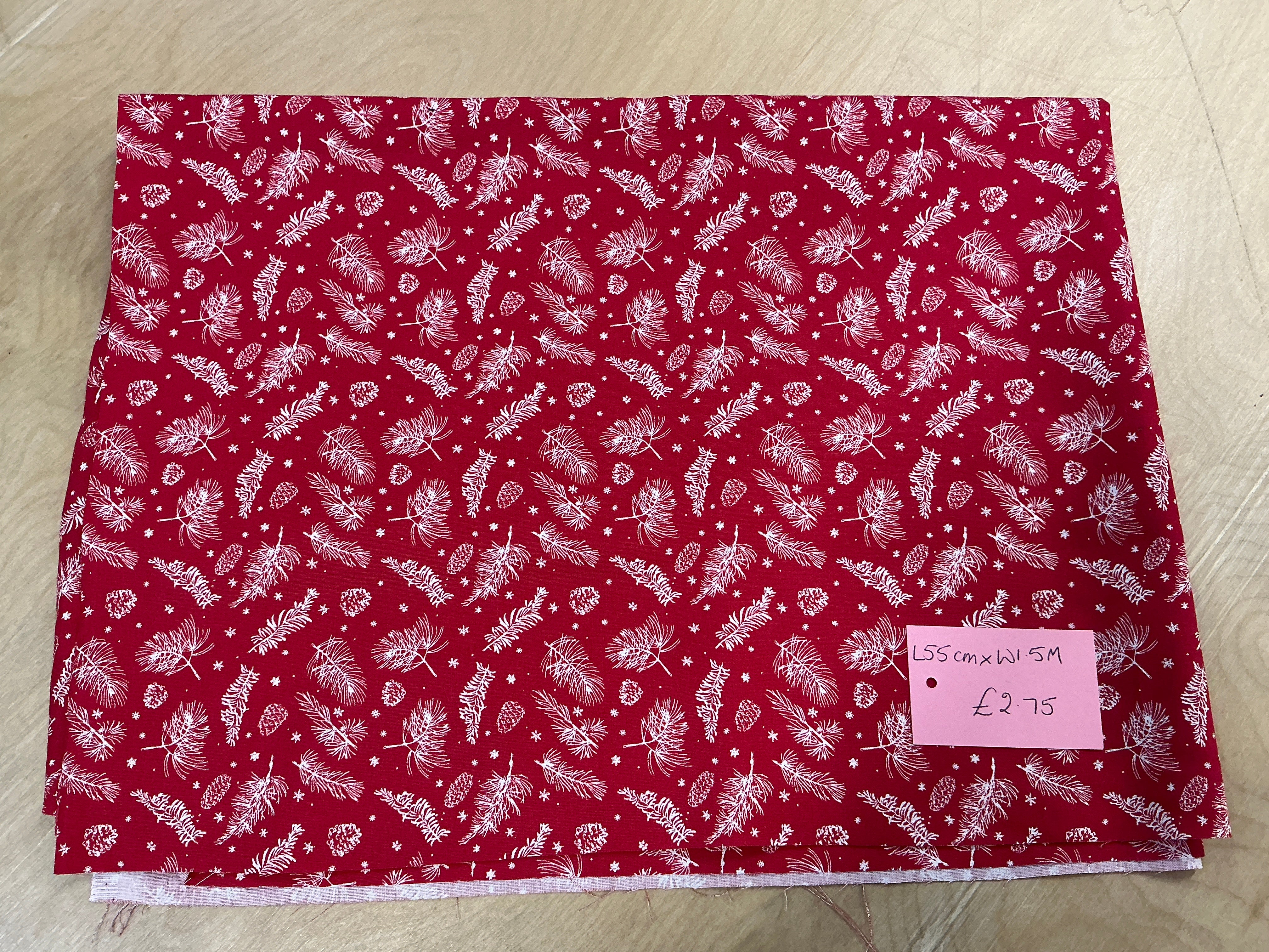 REMNANT  - L55cm x W1.5M Ferns and Cones on Red Cotton