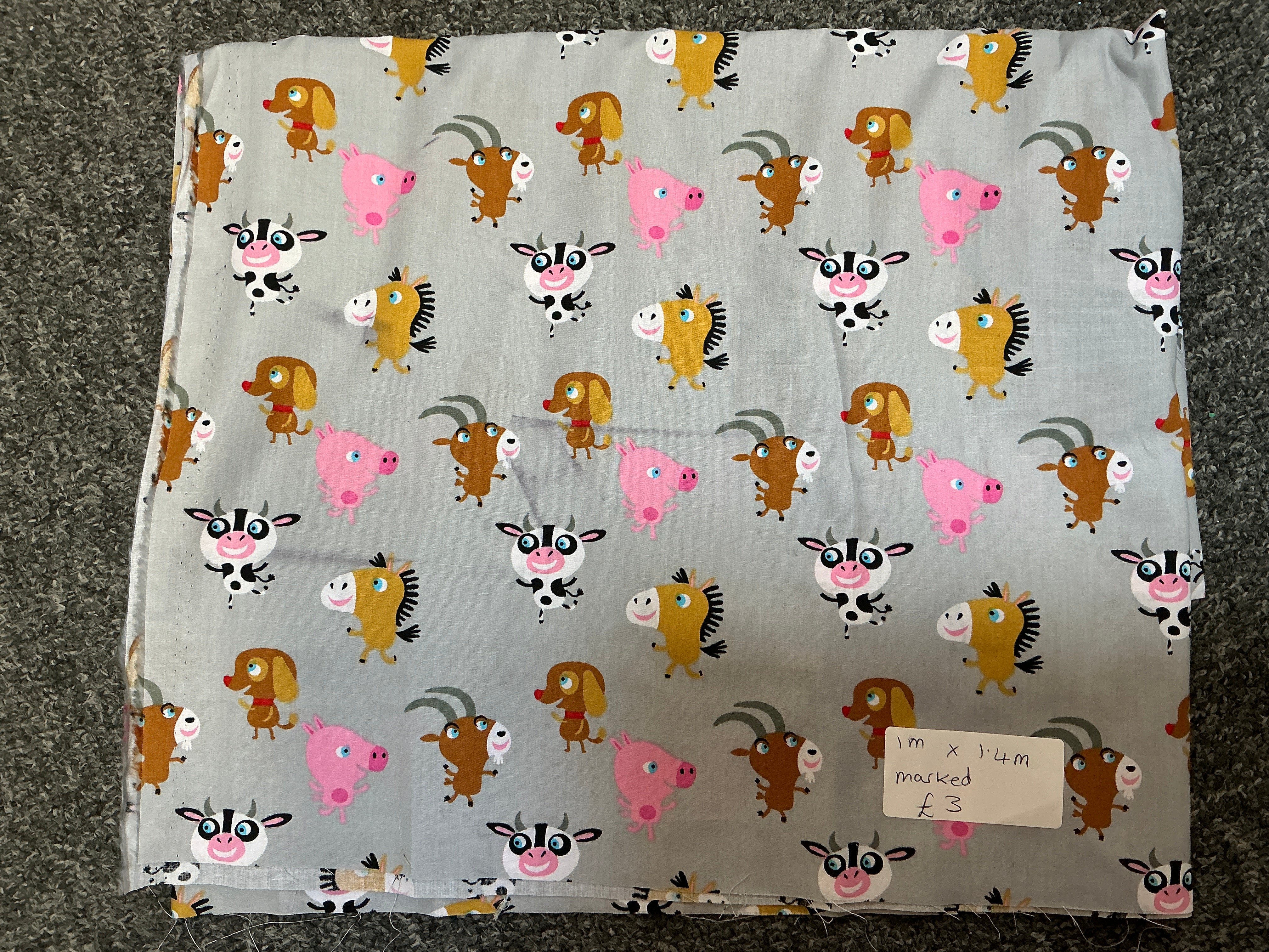 REMNANT  - (FLAWED) 1m x 1.4m Farm Animals on Grey Poplin