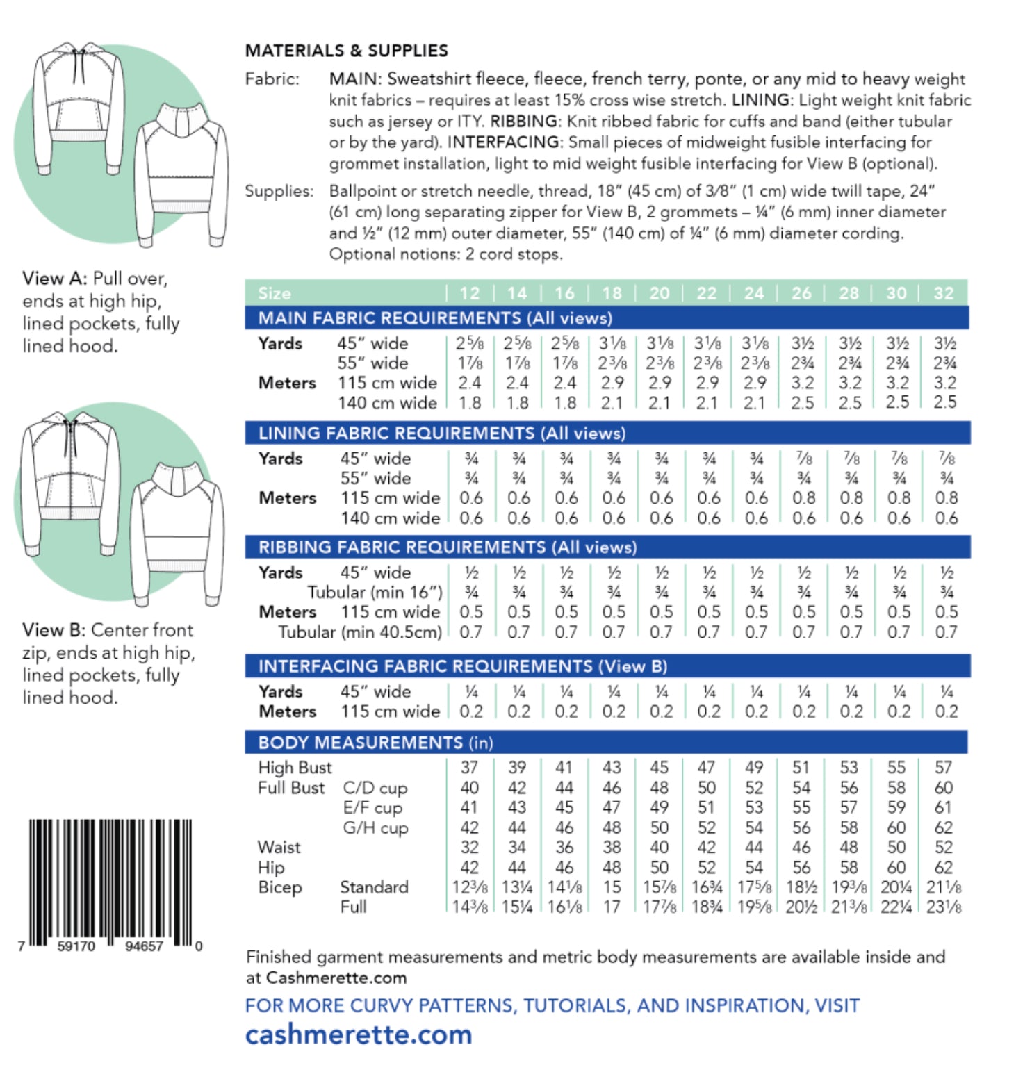 Stanton Hoodie Cashmerette Sewing Pattern (Size 12-32)