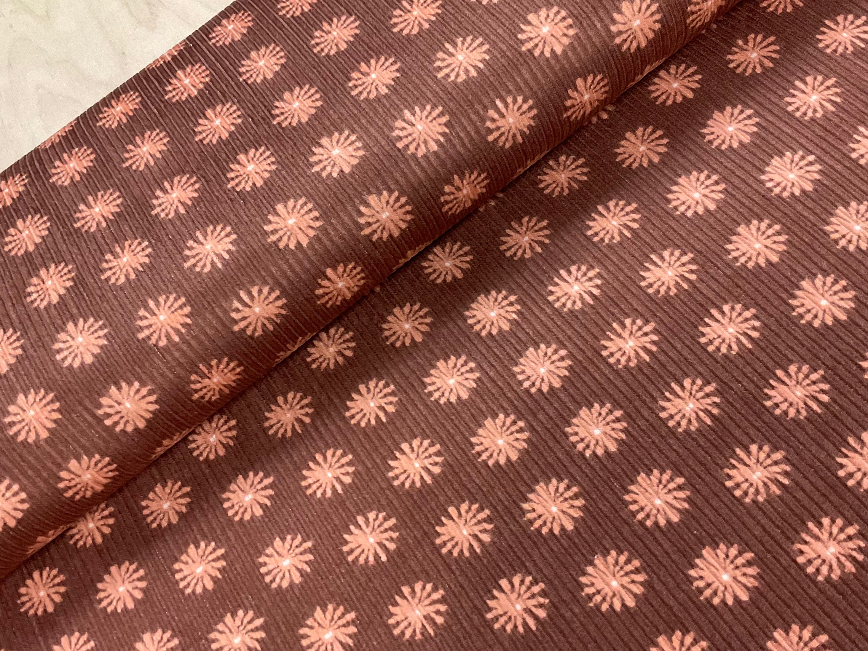 Flowers on Light Brown 6mm Washed Corduroy