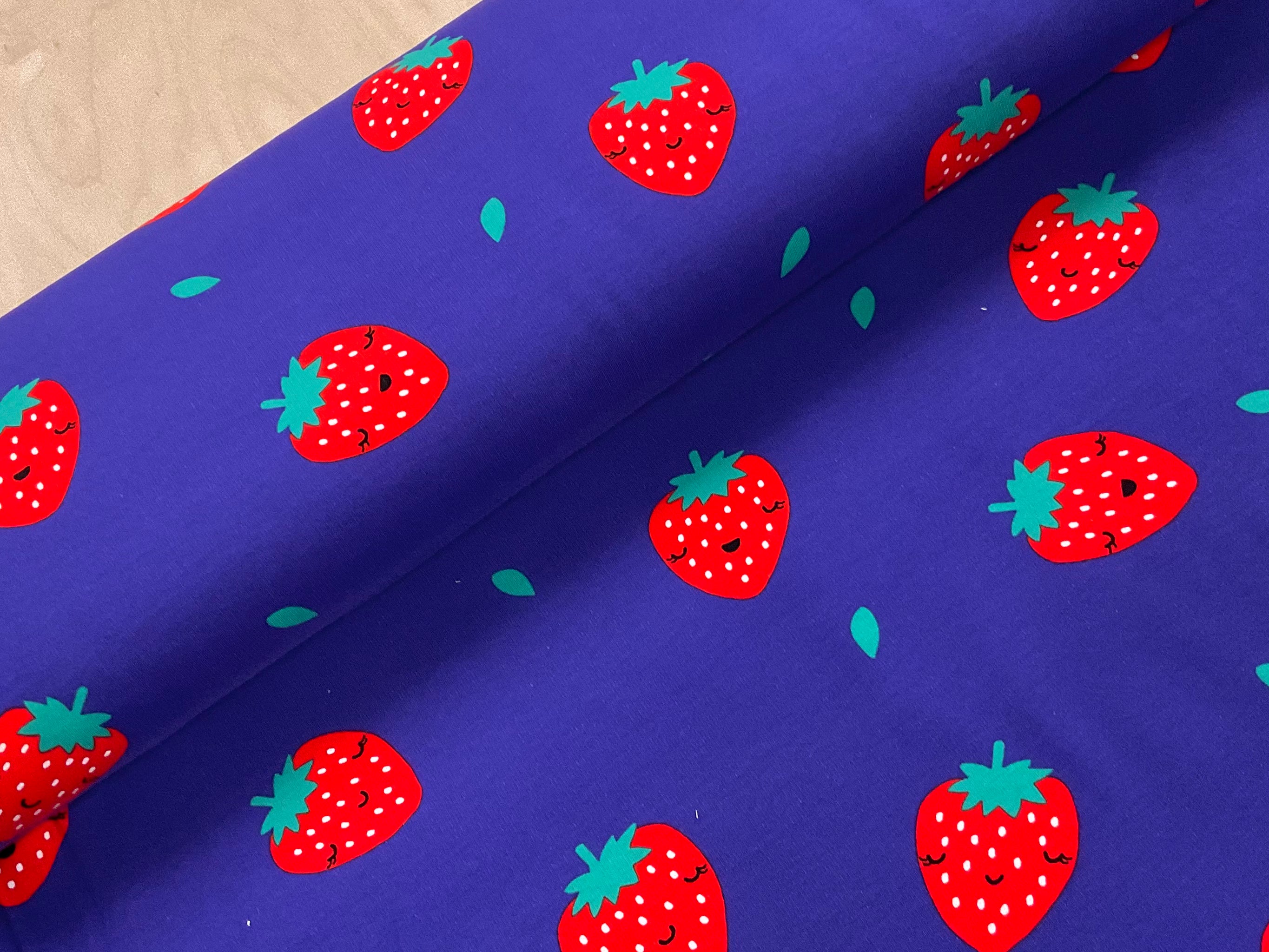 Happy Strawberries on Royal Purple Soft Sweat