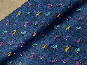 Tractors on Denim Look Cotton Jersey Fabric
