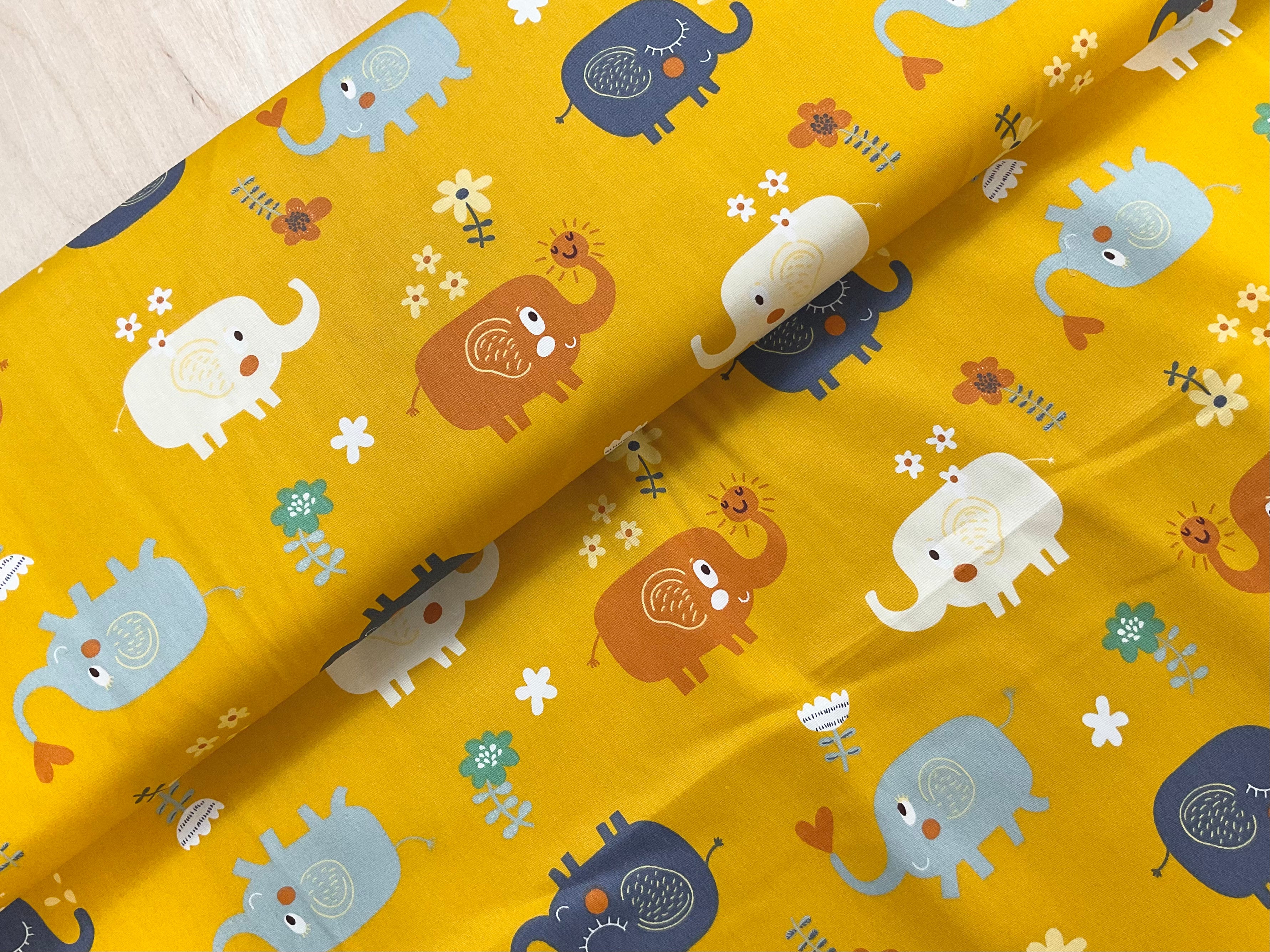 Happy Elephants on Mustard Cotton Poplin