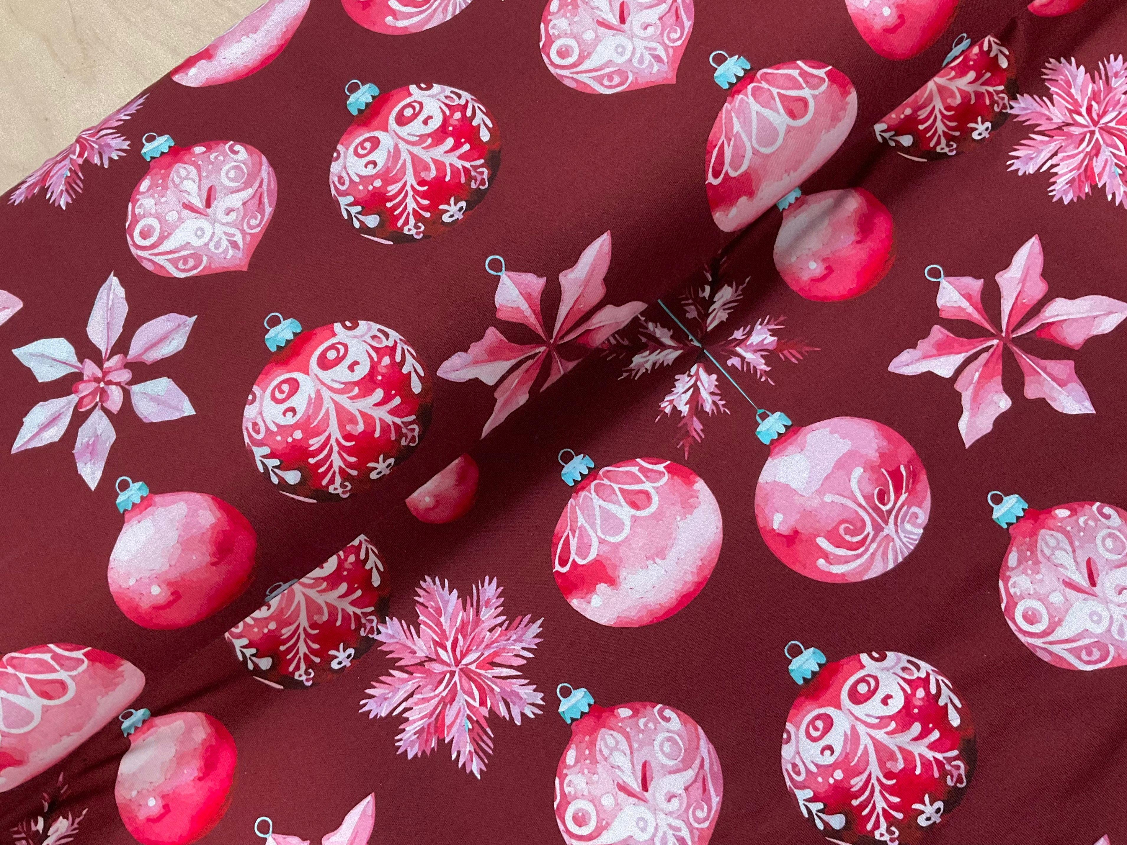 Red Christmas Baubles Cotton Jersey Fabric