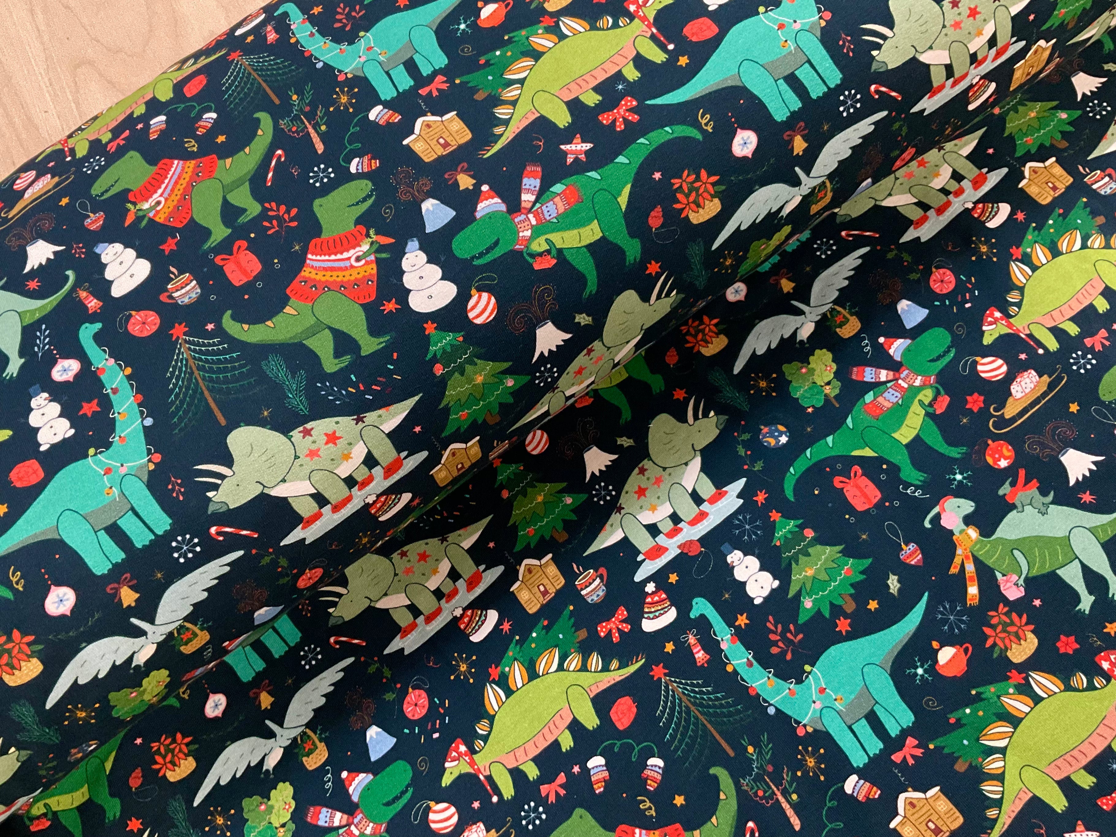 Christmas Dinosaur Party Navy Cotton Jersey