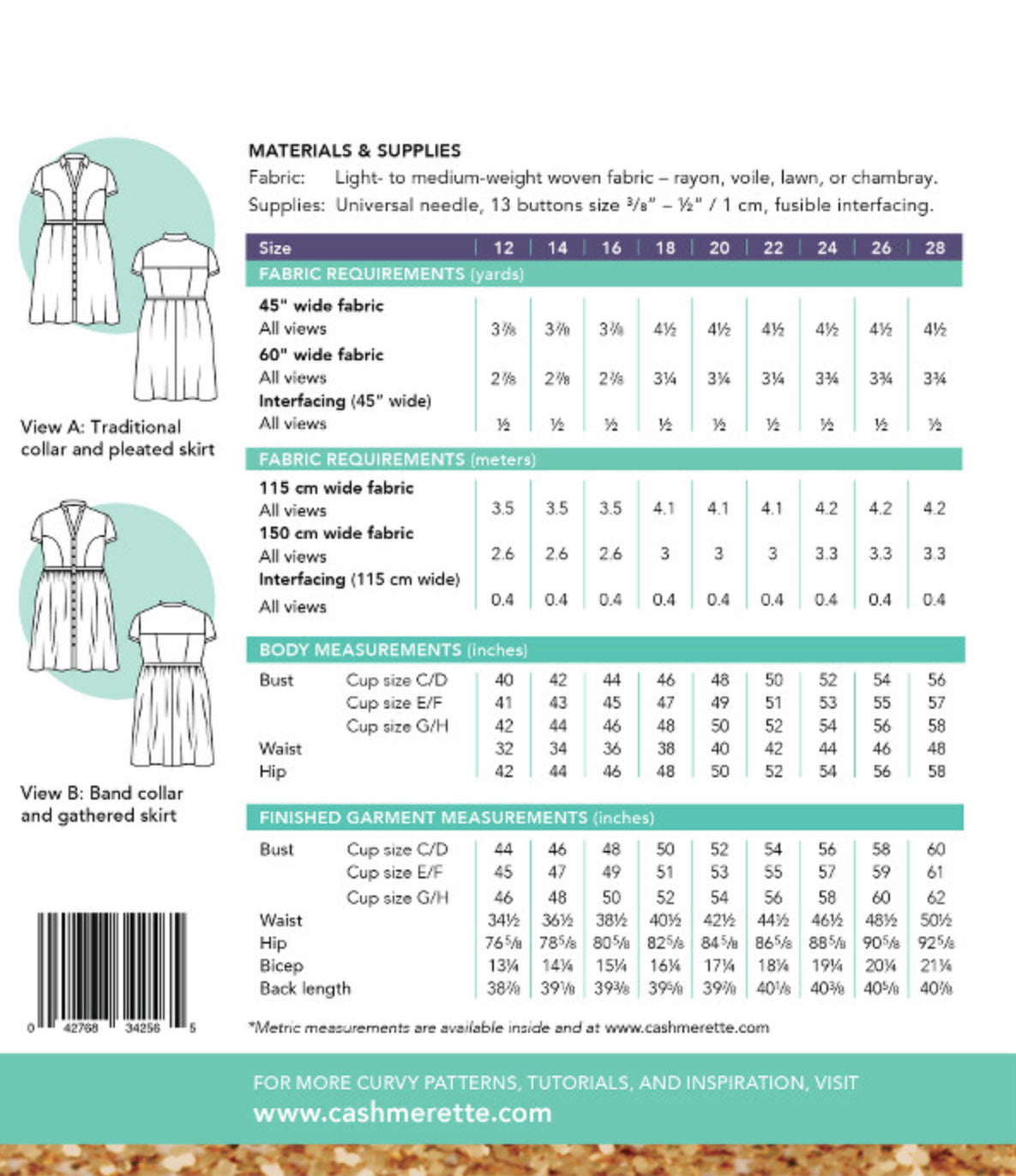 Lenox Shirtdress Cashmerette Sewing Pattern (Size 12-32)