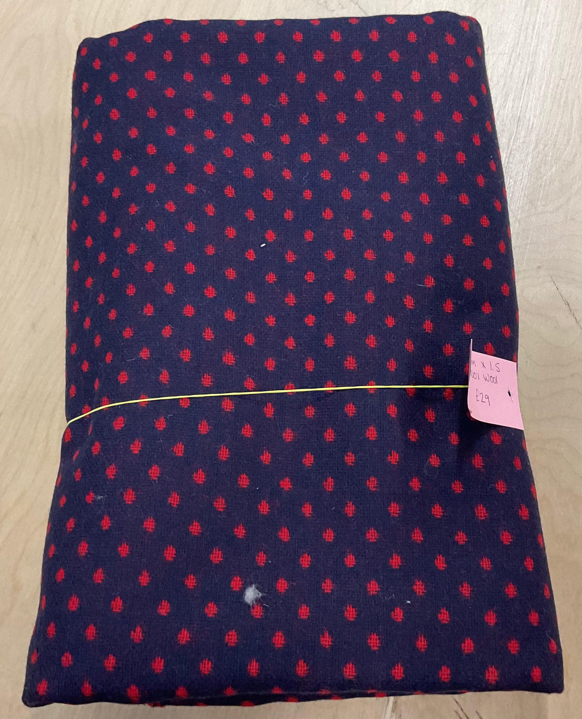 REMNANT  - 2.9m 100% navy wool with red spots