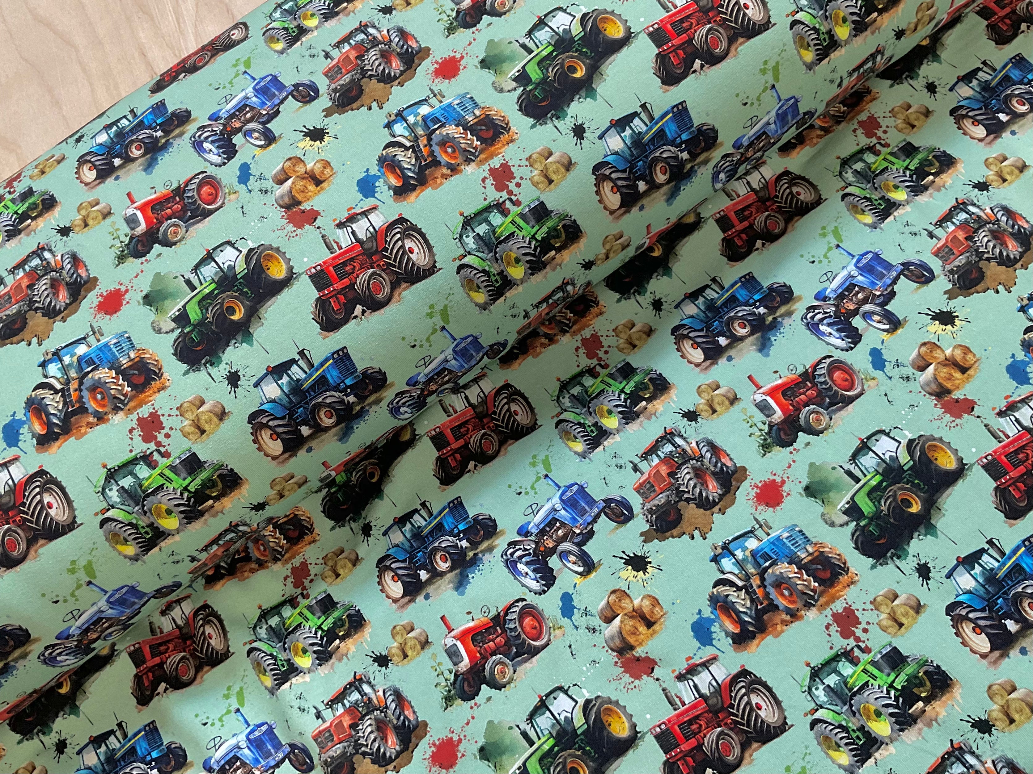 Green Tractors Cotton Jersey Fabric