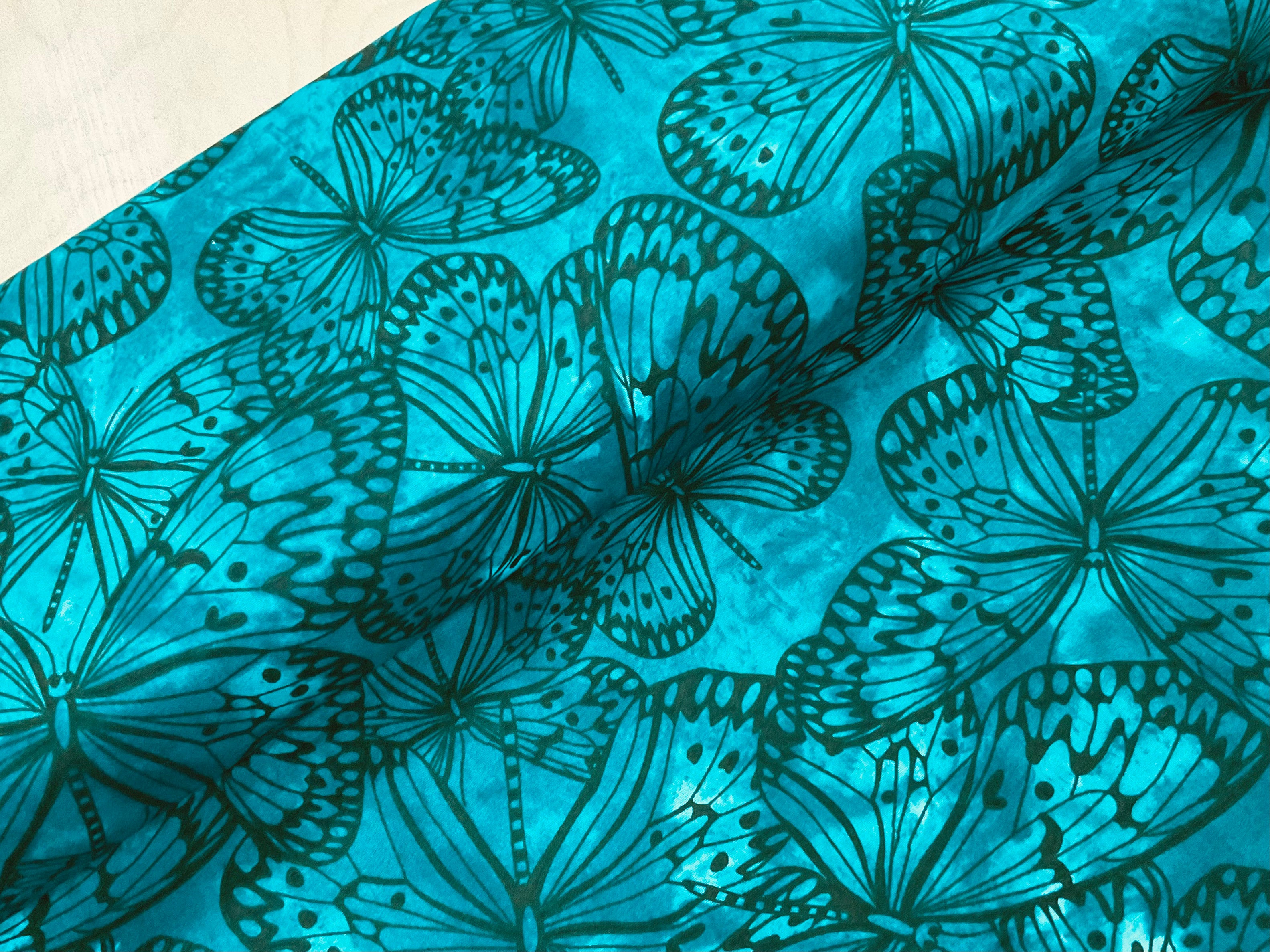 Large Teal Butterflies Quilting Cottons