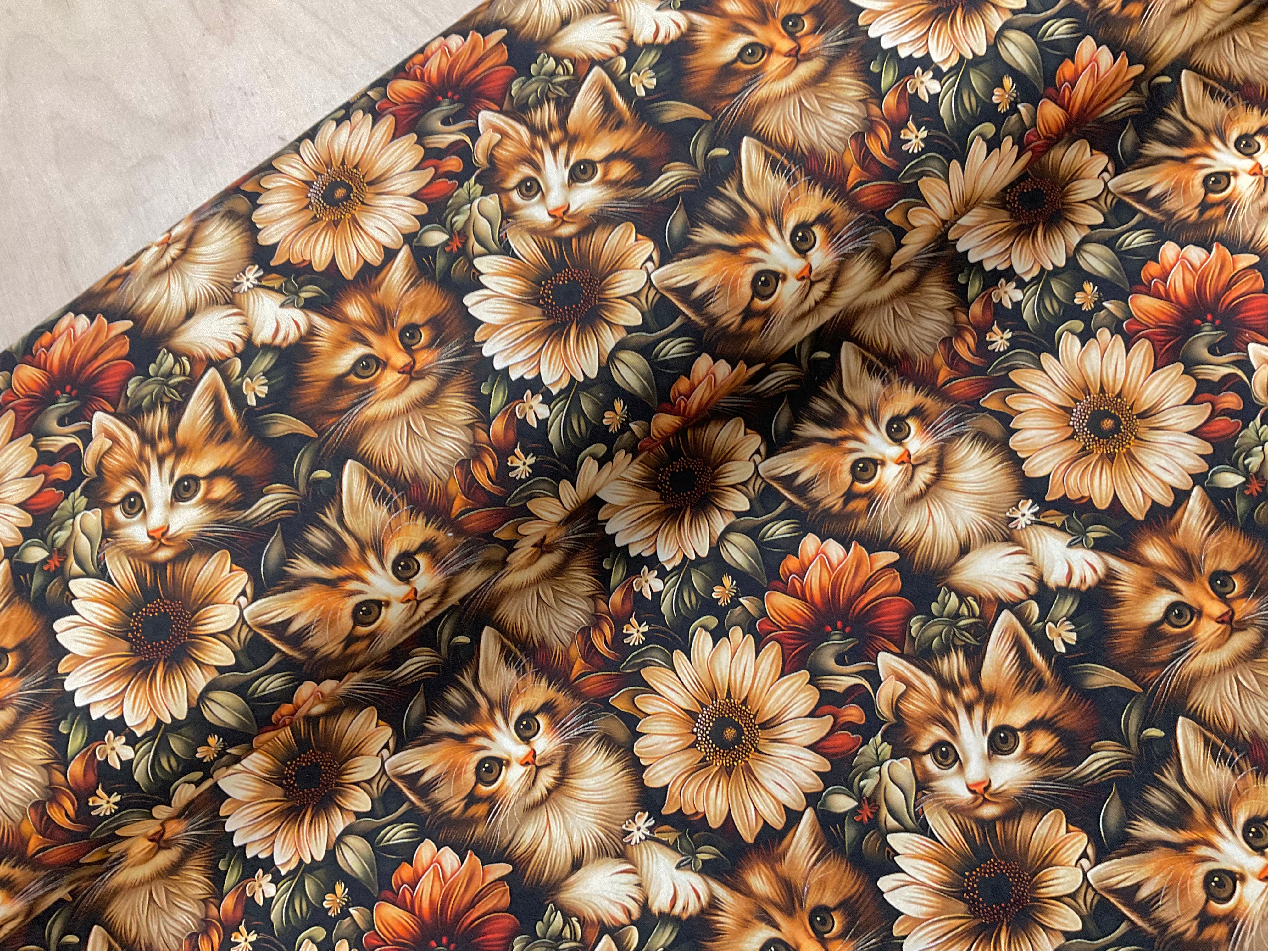 Kittens and Autumn Blossoms Cotton Jersey