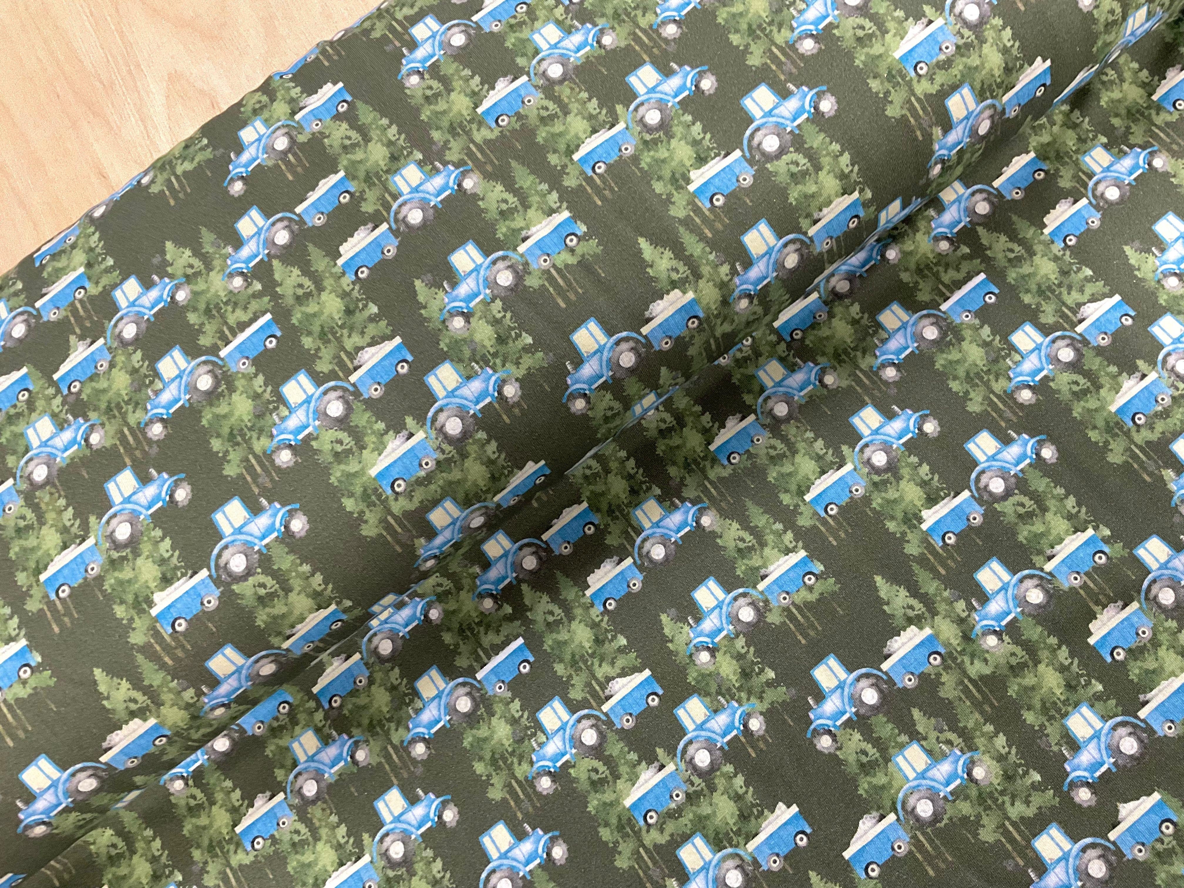 Forest Tractor Trail Cotton Jersey Fabric