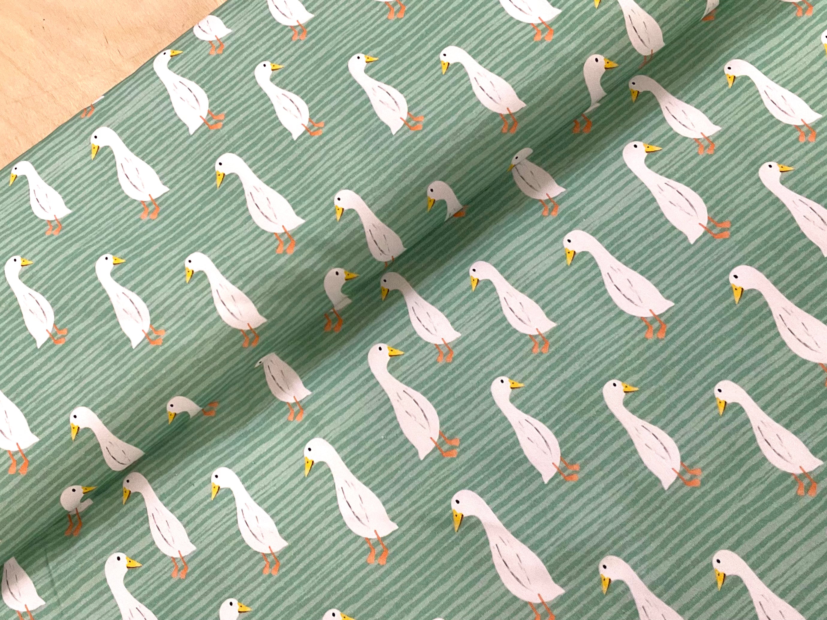 Ducks on Green Stripes Cotton Canvas Twill