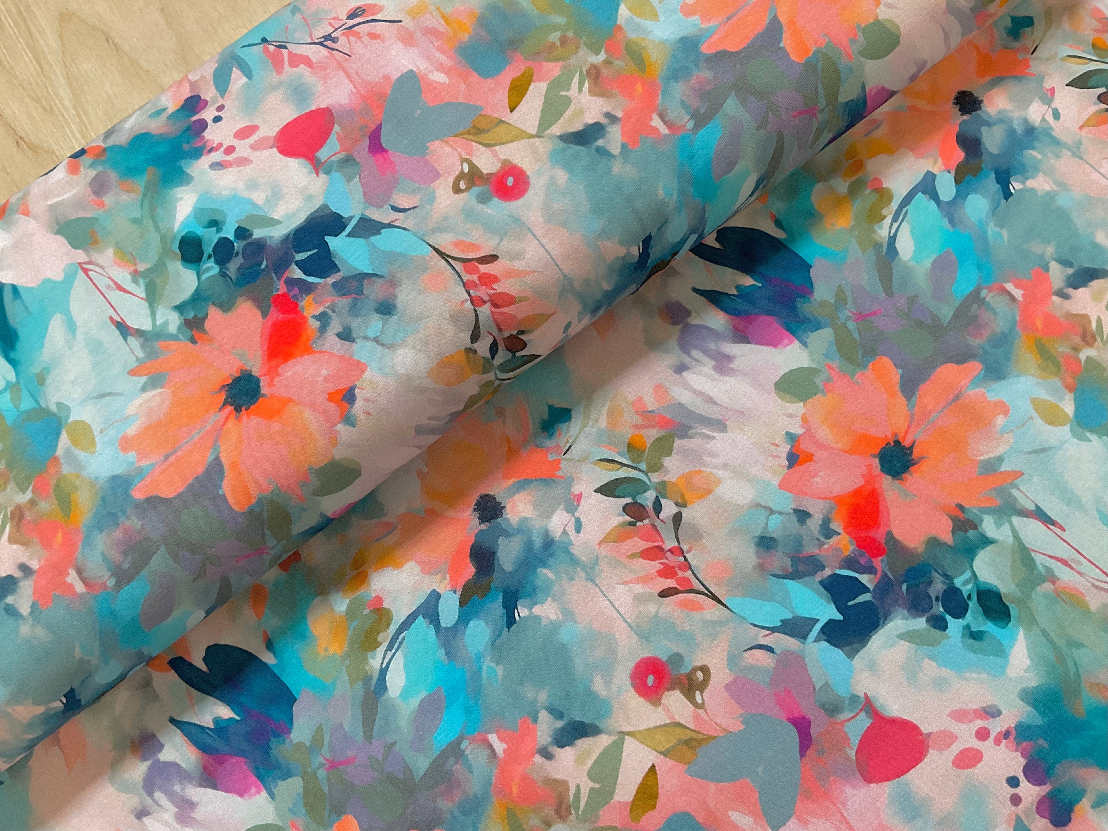 Painted Flowers Cotton Jersey Fabric
