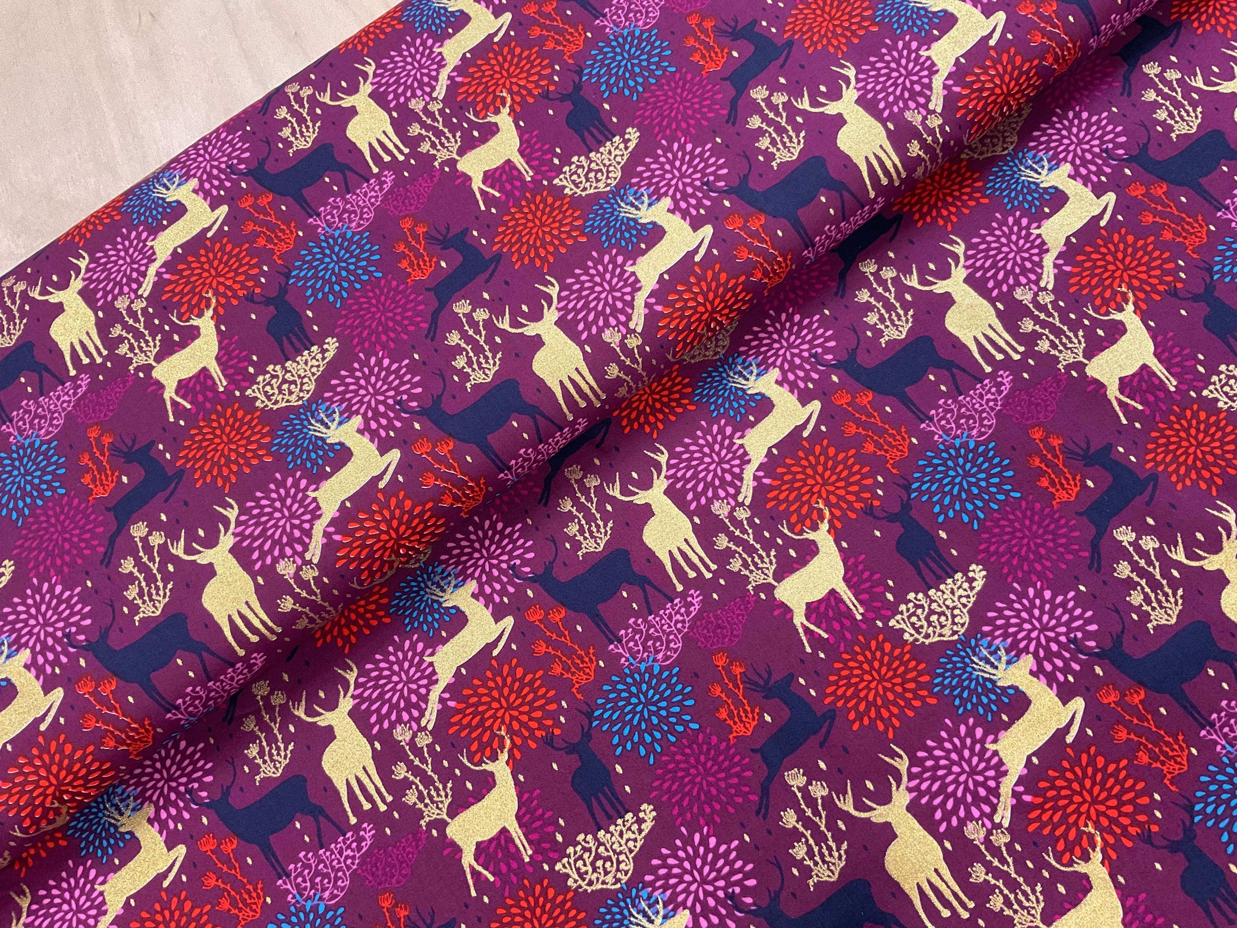 Gold Foil Stags on Purple Cotton Poplin