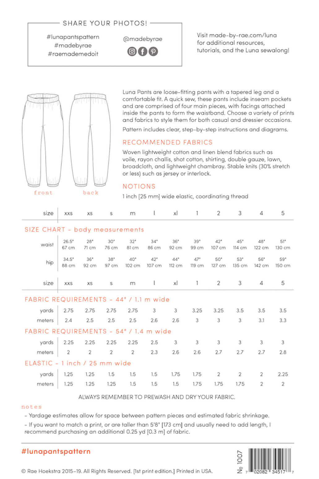 Made by Rae - Luna Paper Sewing Pattern Sizes xxs - xl & Plus Sizes 1 -5