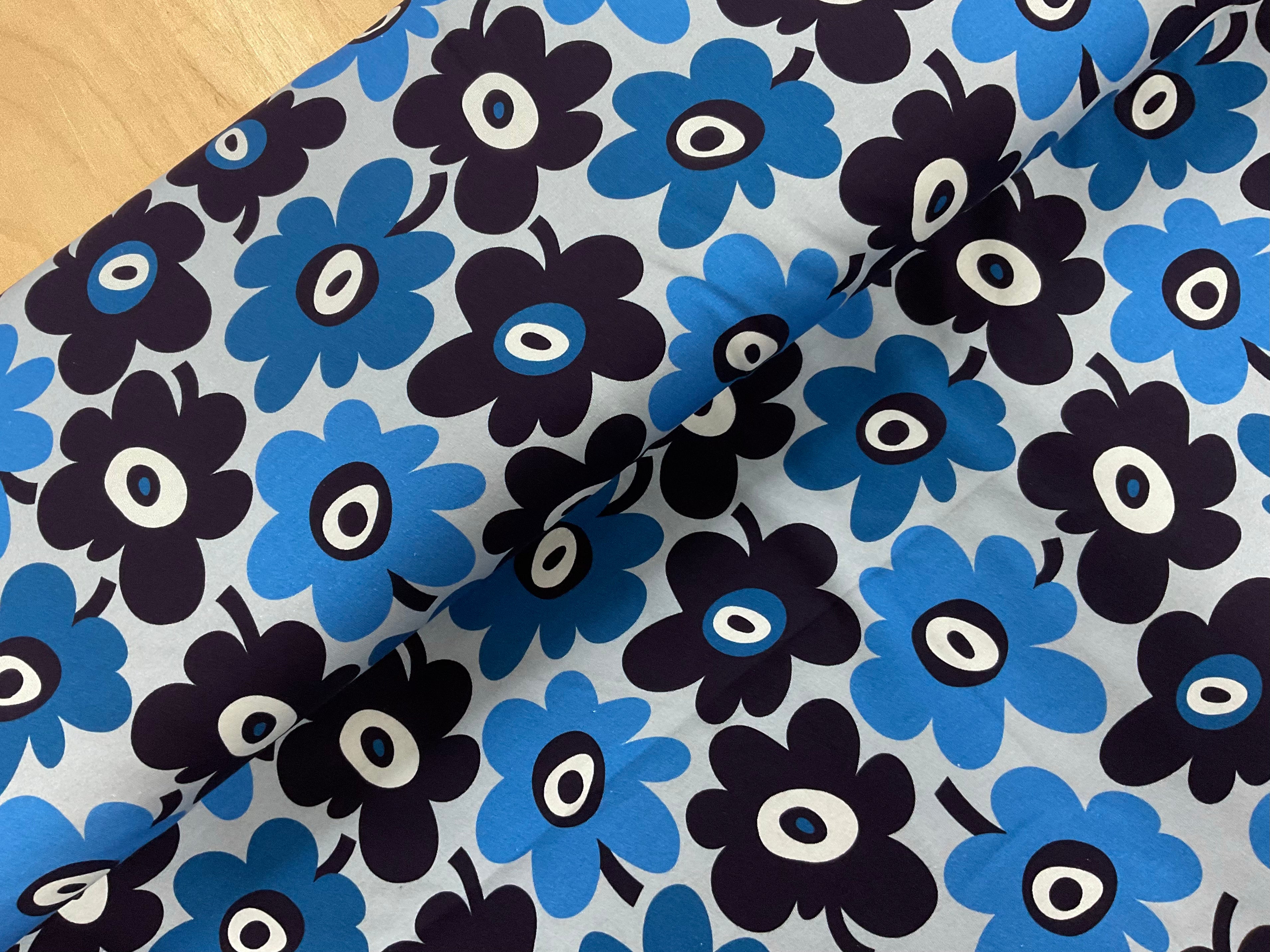 Blue Retro Floral Cotton Jersey Fabric