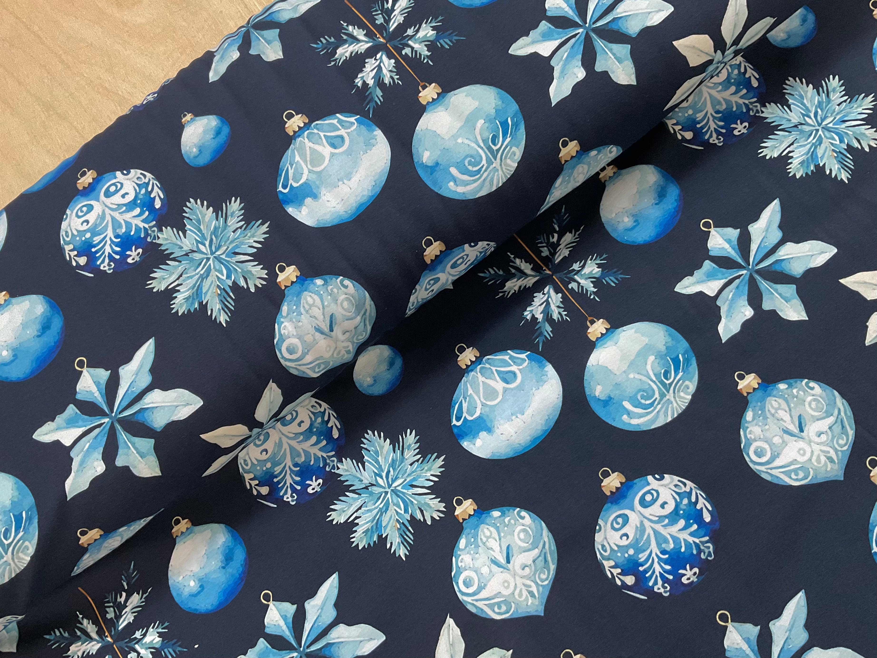 Blue Christmas Baubles Cotton Jersey Fabric