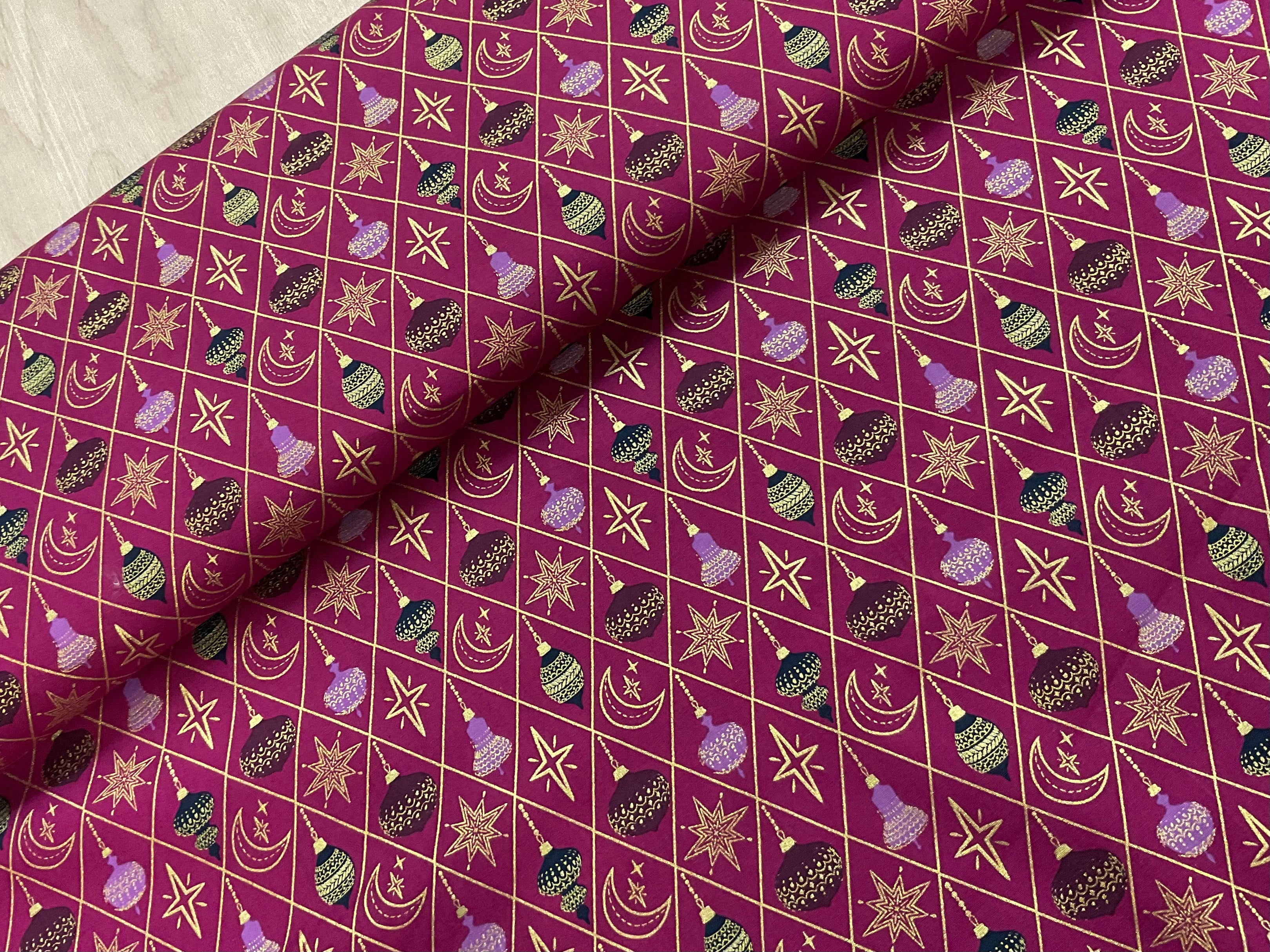Christmas Baubles on Bright Plum with Gold Foil Cotton Poplin