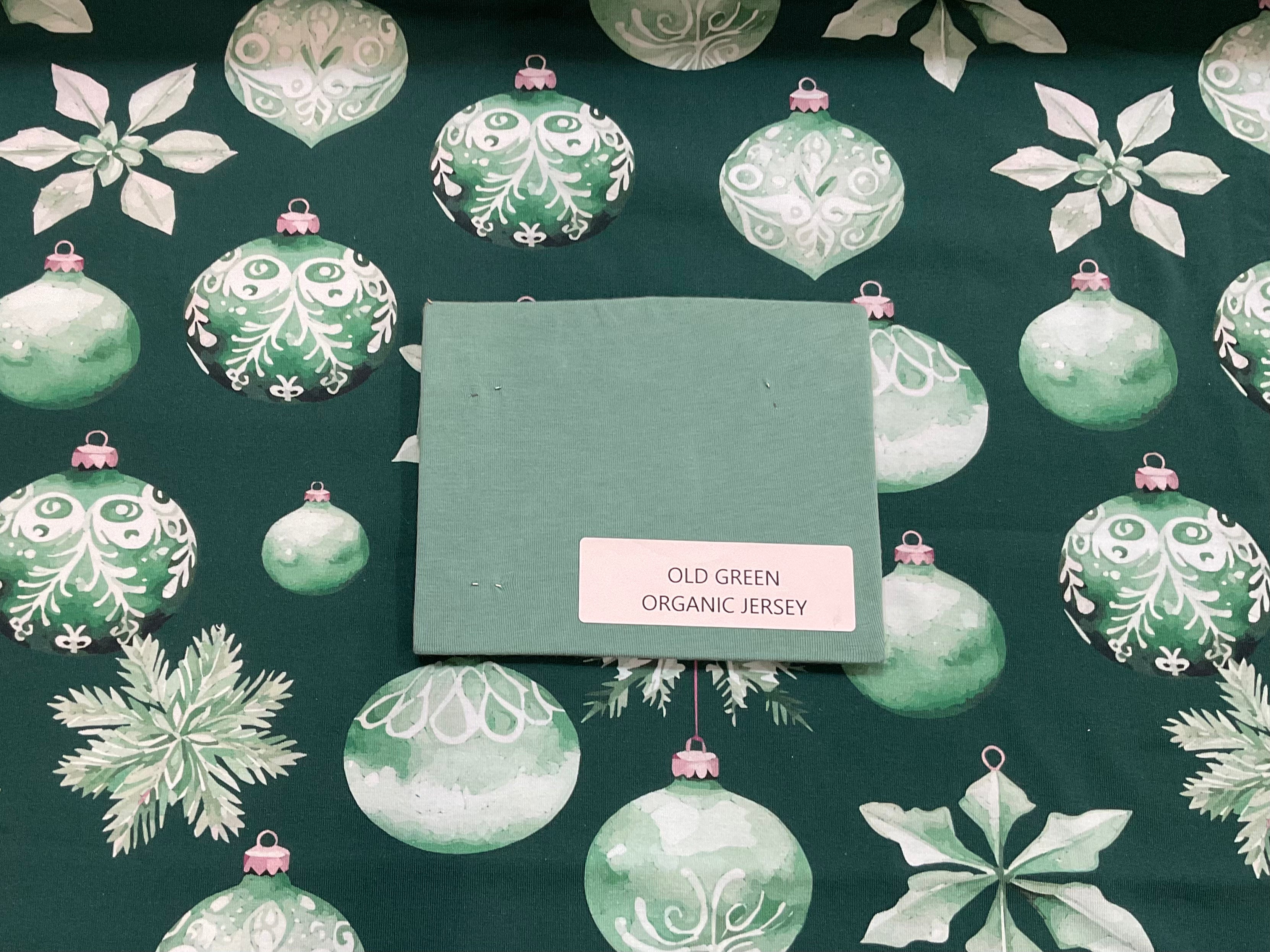 Green Christmas Baubles Cotton Jersey Fabric